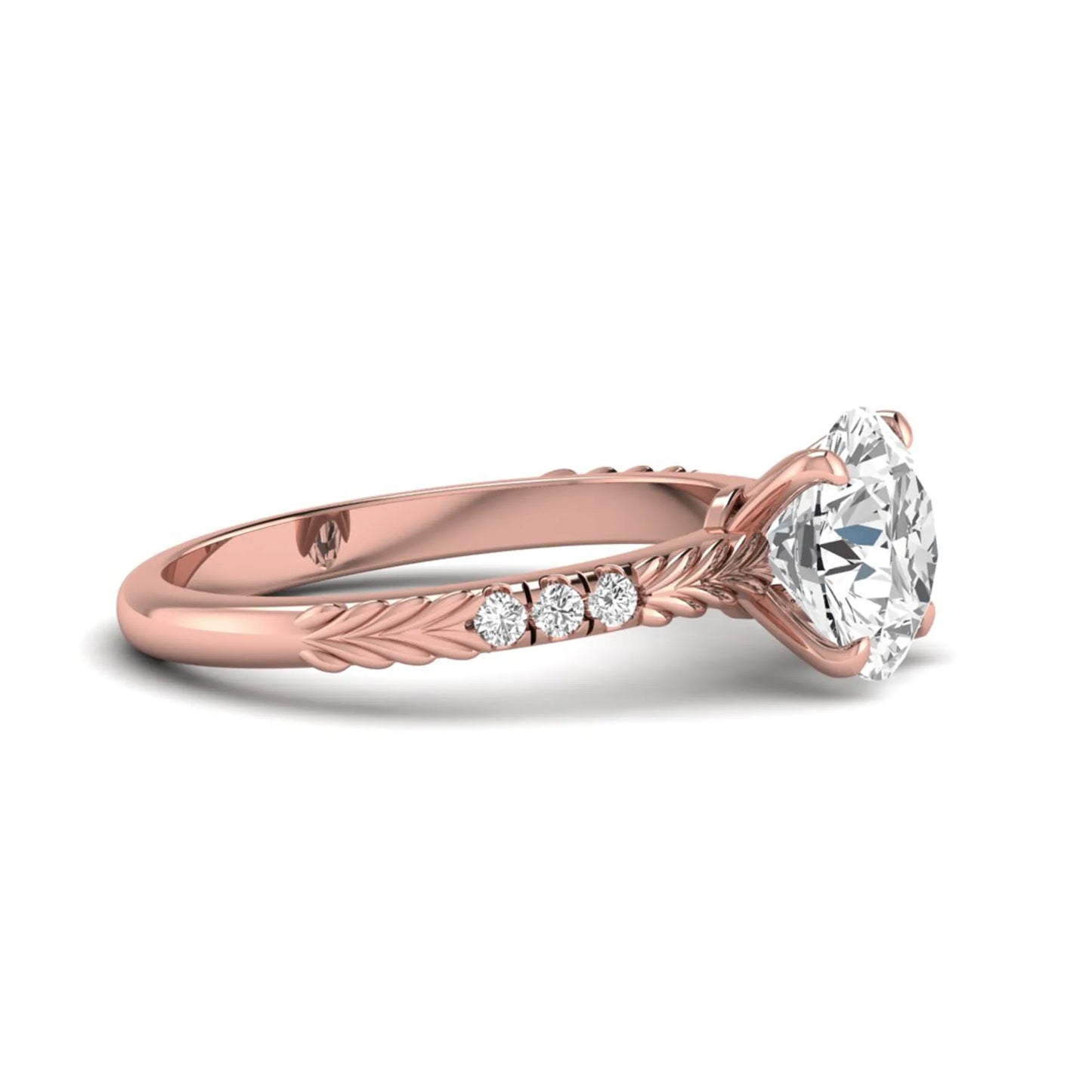 IGI certified round cut lab grown diamond engagement ring with a four-prong setting, vintage leaf-inspired band, and round accent diamonds in rose gold tone.