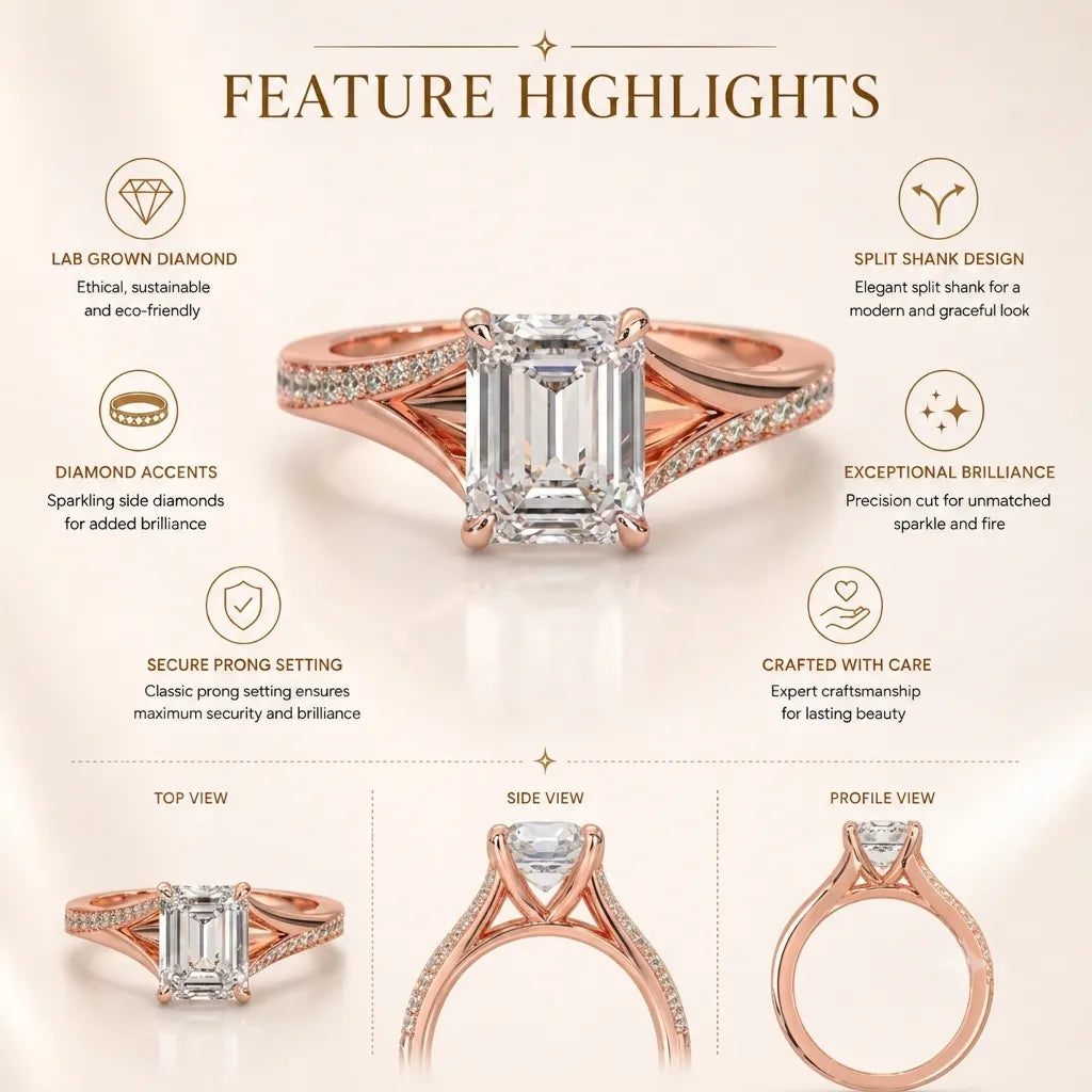 Rose-gold ring with diamond accents on a beige background, featuring text about ring features.