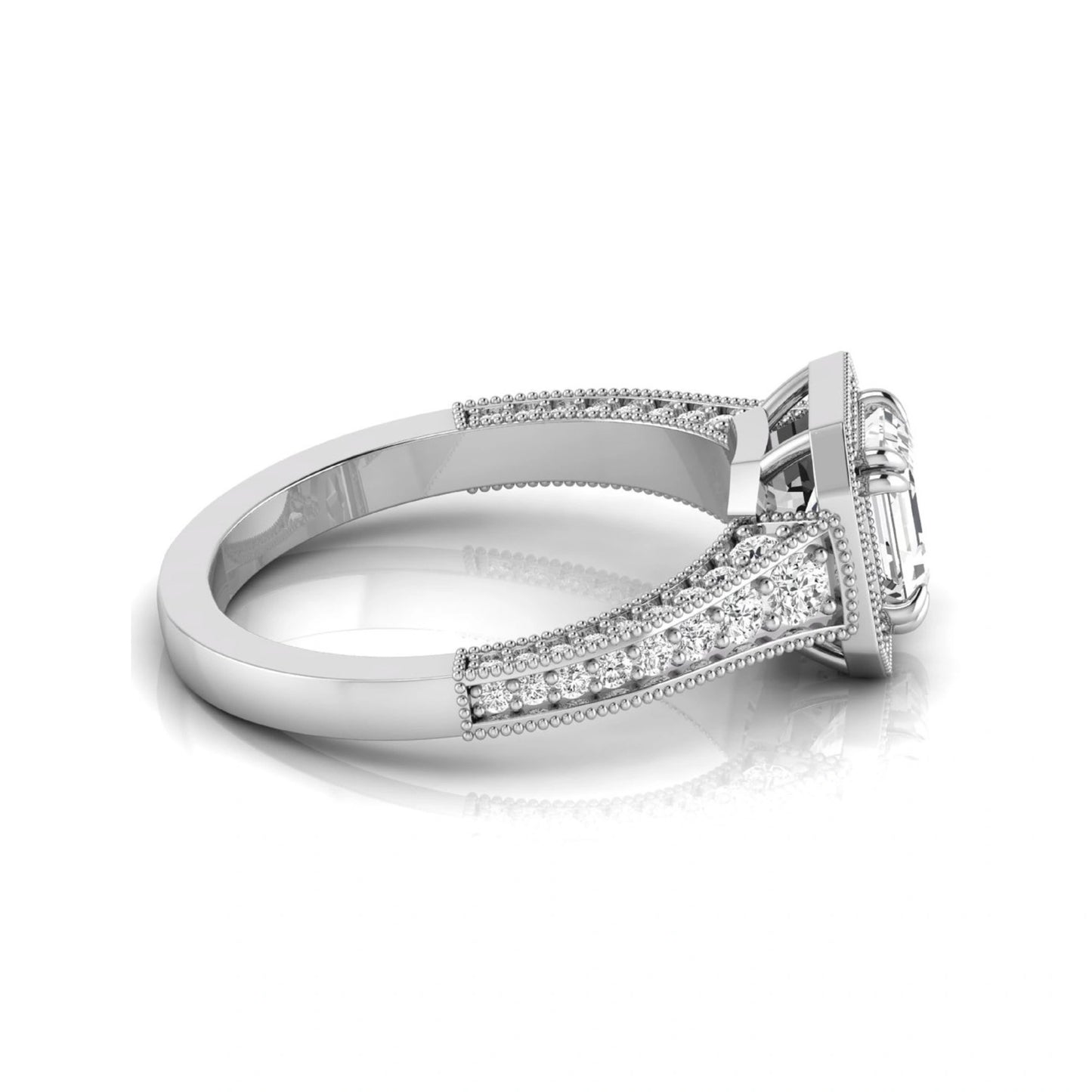 Asscher cut lab grown diamond halo engagement ring featuring a 1.15 carat IGI certified center diamond with round diamond halo, milgrain detailing, and side diamonds in white gold.
