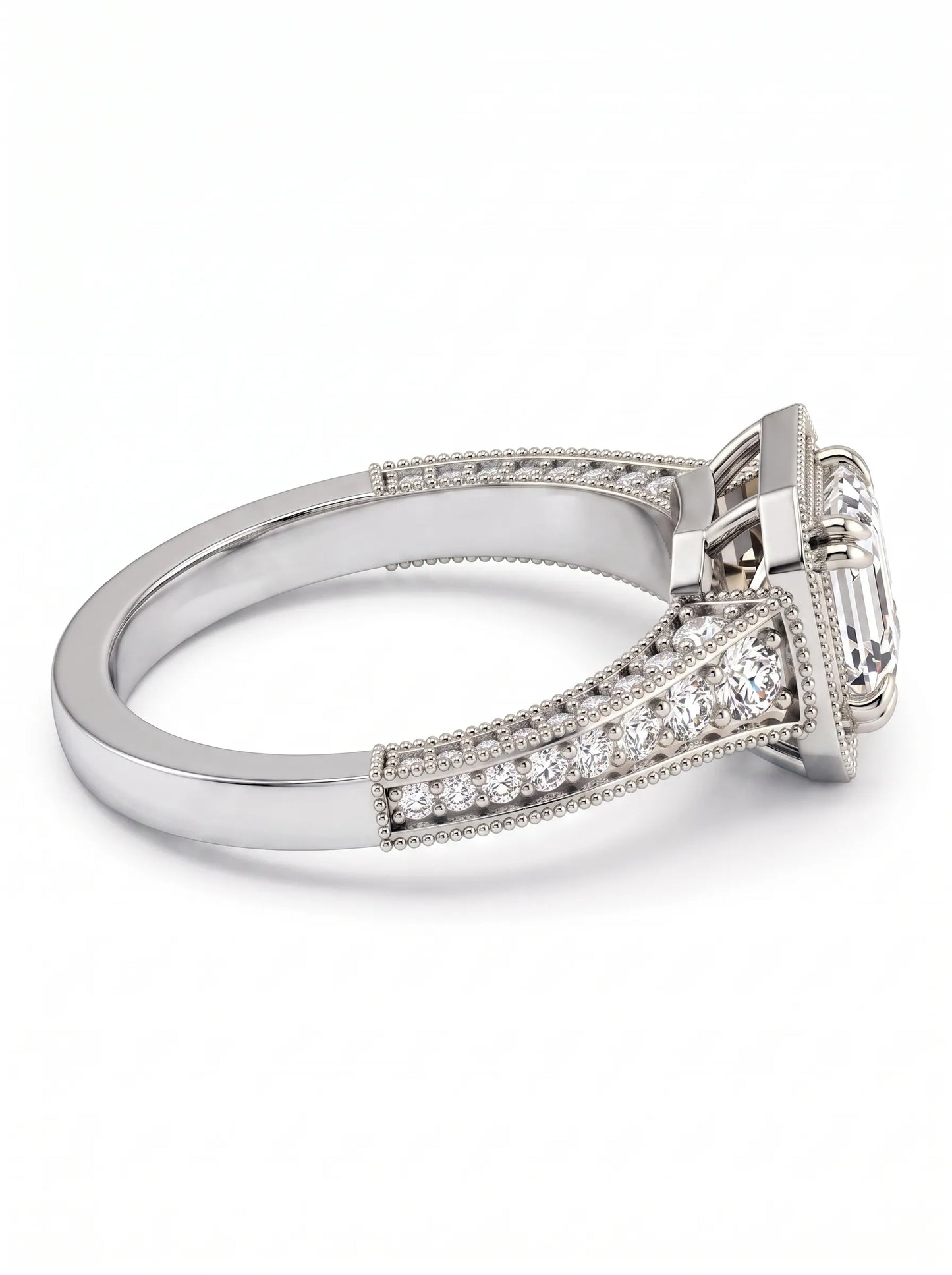 Asscher cut lab grown diamond halo engagement ring featuring a 1.15 carat IGI certified center diamond with round diamond halo, milgrain detailing, and side diamonds in white gold.