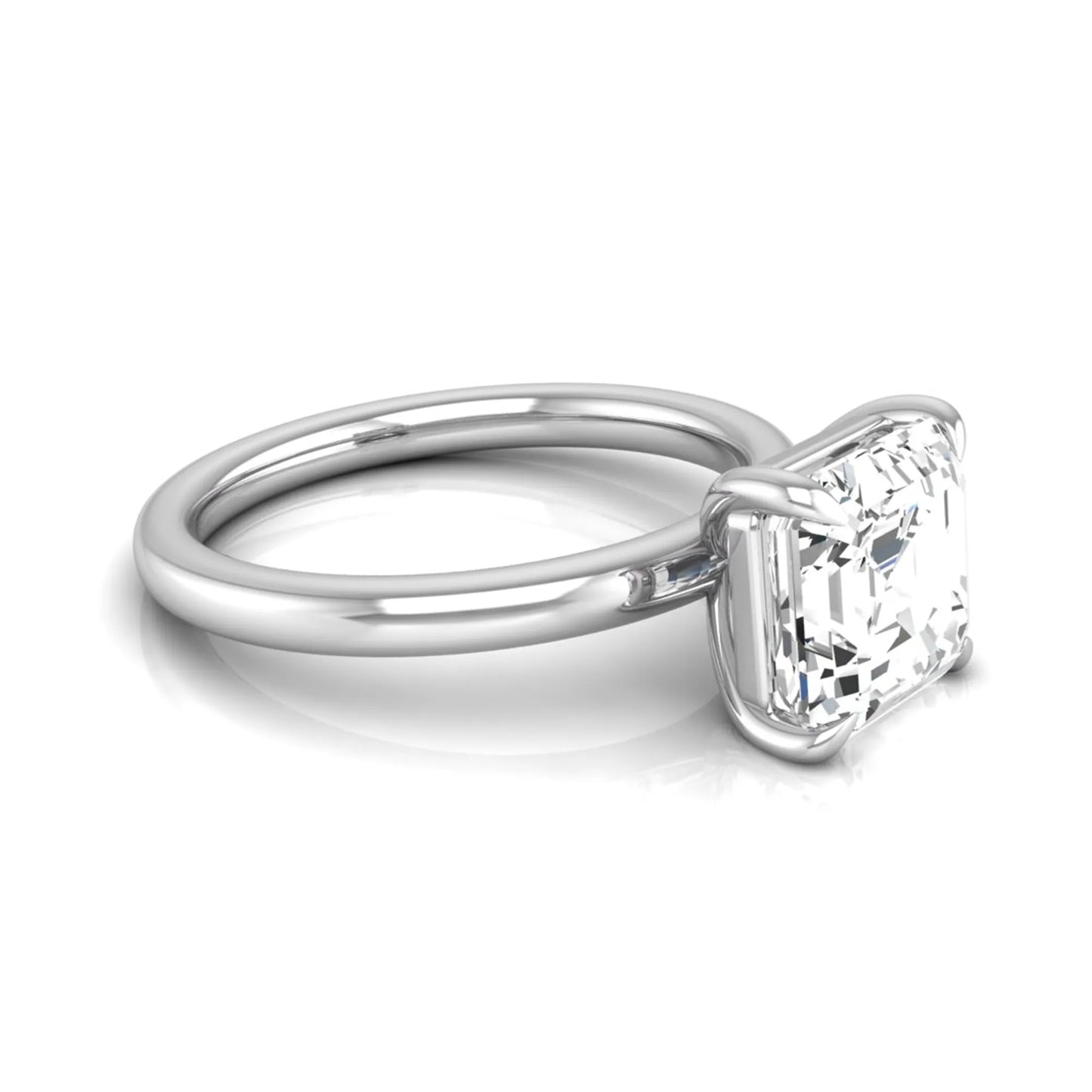 Asscher cut lab grown diamond solitaire engagement ring featuring a classic four-prong setting with a white gold tone band.