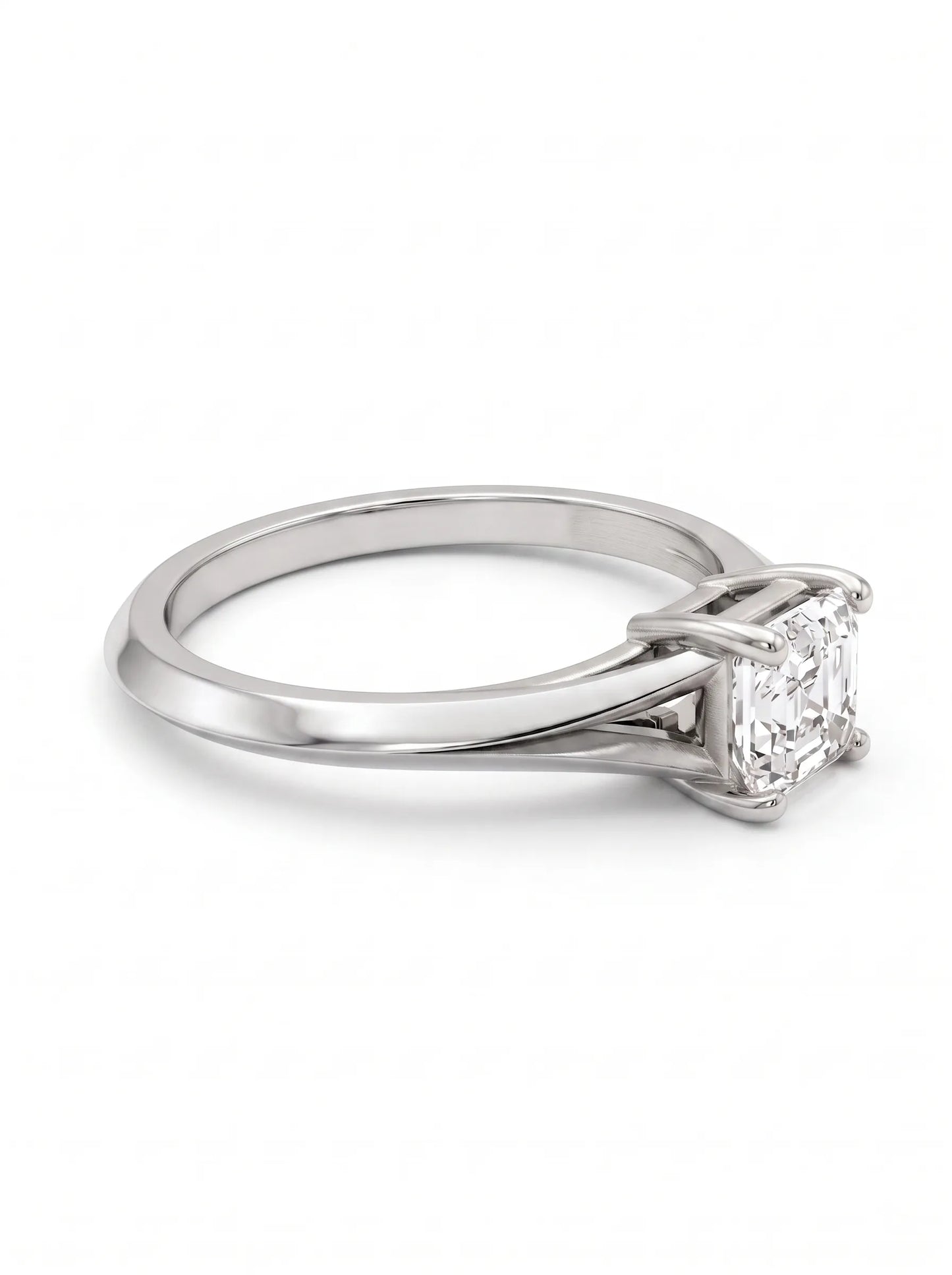 Asscher cut lab grown diamond split shank solitaire engagement ring featuring a 1.24 carat IGI certified center diamond in white gold.