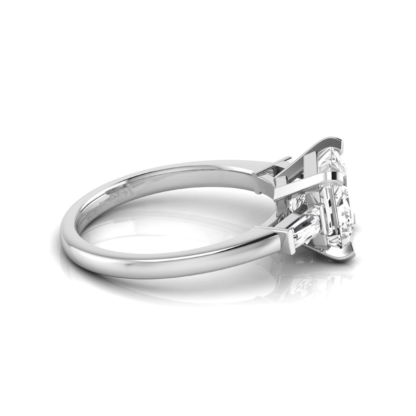 Asscher cut lab grown diamond three stone engagement ring featuring a 2.40 carat Asscher center diamond with baguette side diamonds in a classic prong setting in white gold