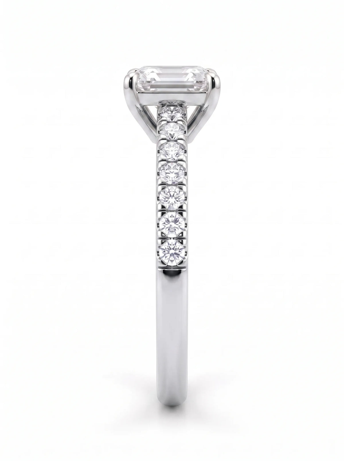 Asscher cut lab grown diamond solitaire engagement ring featuring a four-prong center diamond with a pavé-set round diamond band in a white gold finish.