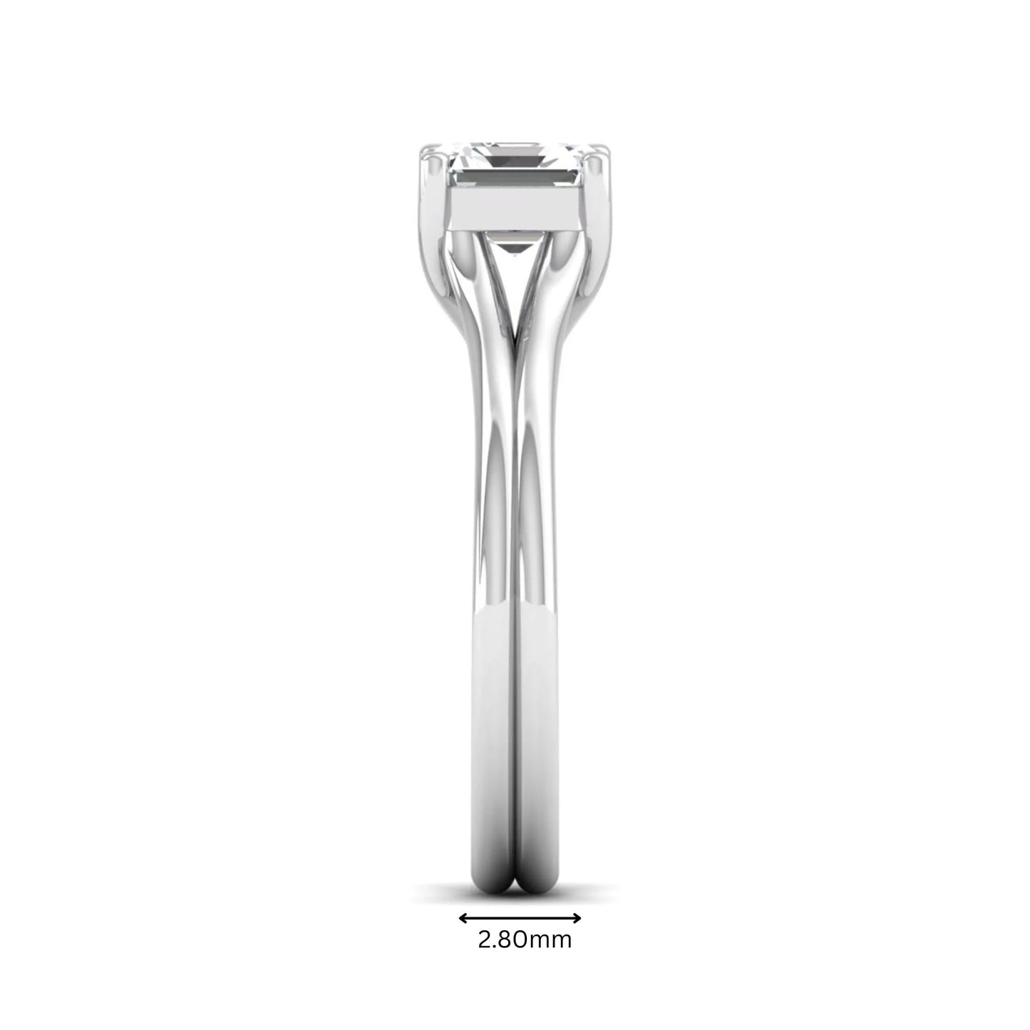 IGI Certified 1.25 carat Asscher cut lab grown diamond solitaire engagement ring with elegant split shank band in white gold.
