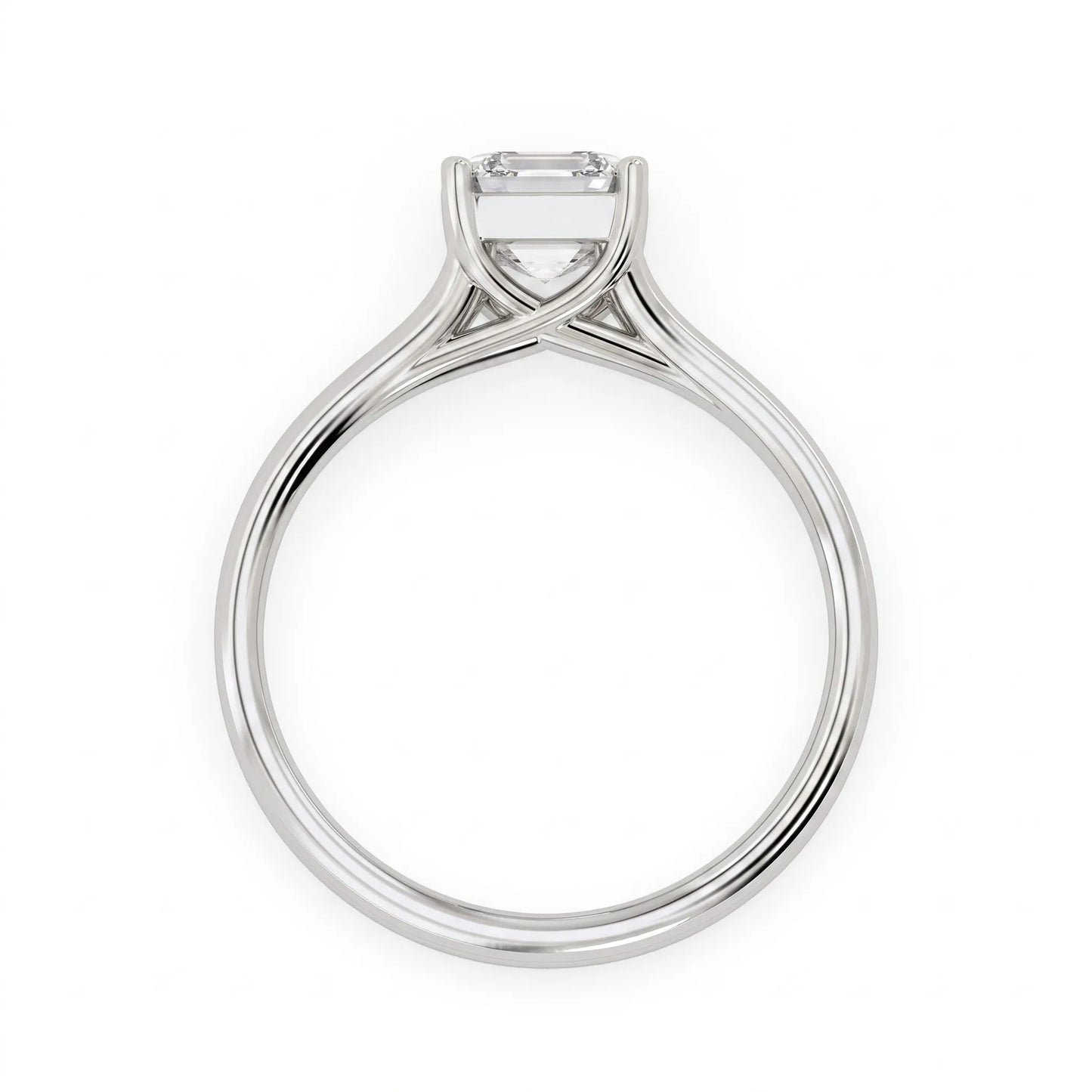 IGI Certified 1.25 carat Asscher cut lab grown diamond solitaire engagement ring with elegant split shank band in white gold.