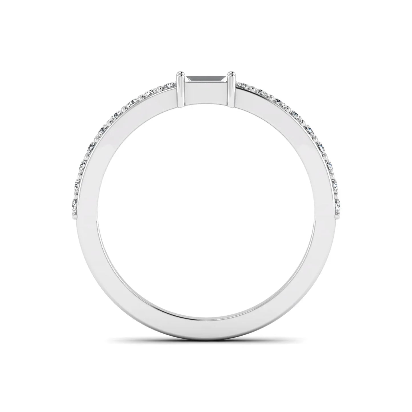 Baguette cut lab grown diamond band ring featuring a bar-prong set center diamond with round accent diamonds on a slim white gold style band.