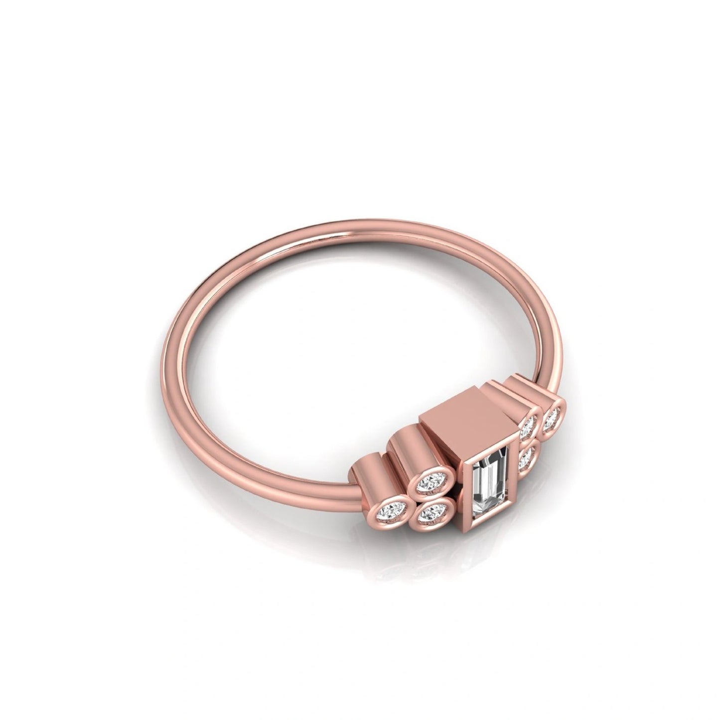 Rose-gold ring with diamond accents on a white background