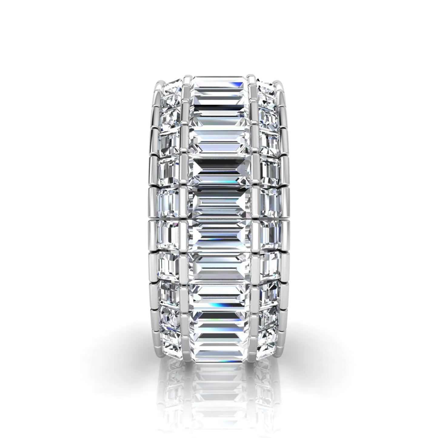Full eternity band featuring baguette cut lab grown diamonds in a channel-style setting with a white gold tone finish.