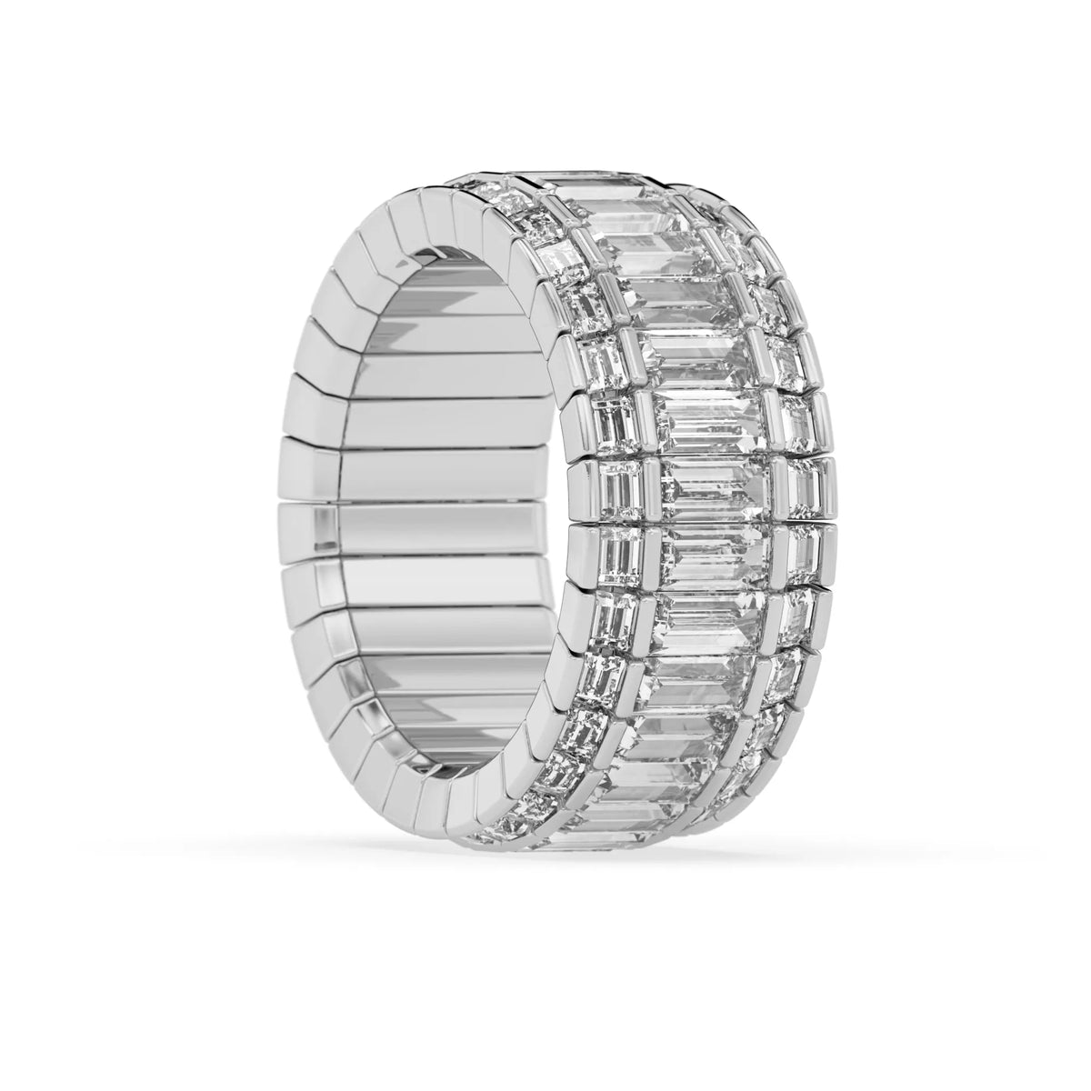 Full eternity band featuring baguette cut lab grown diamonds in a channel-style setting with a white gold tone finish.