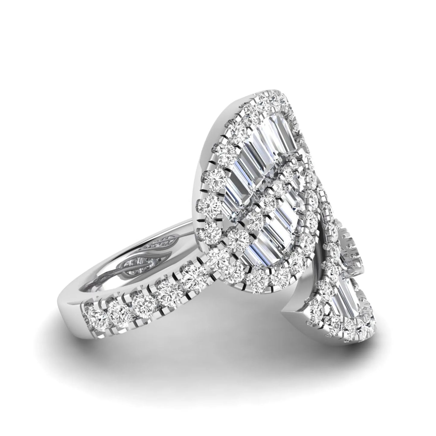 Baguette and round cut lab grown diamond bypass leaf ring with prong setting in white gold tone.