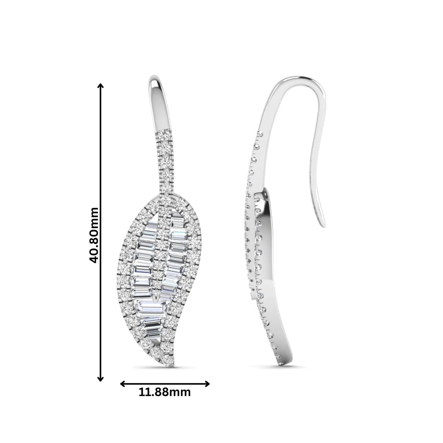 Baguette and round cut lab grown diamond leaf drop earrings with prong setting in white gold tone featuring an elegant elongated design.