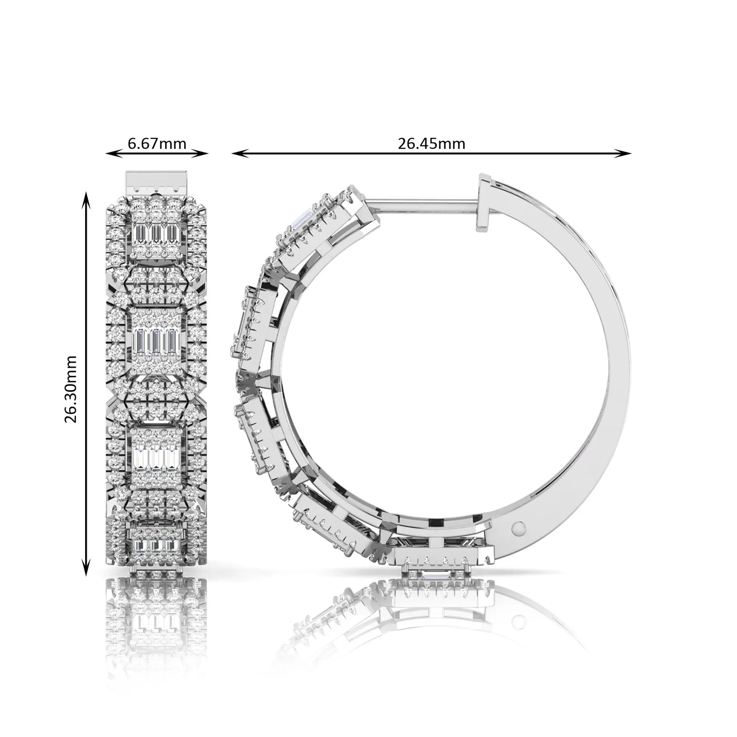 Lab grown diamond huggie hoop earrings featuring baguette cut diamond centers surrounded by round diamond halos in a geometric multi-station design in white gold