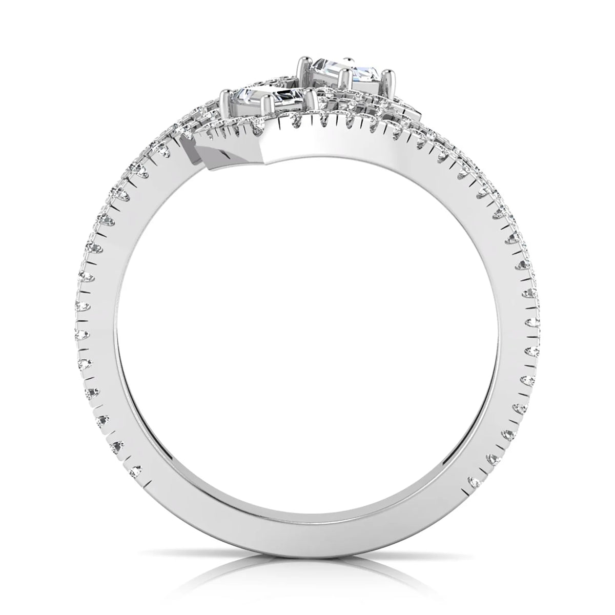 Baguette and round lab grown diamond open wrap crossover ring featuring 1.02 carats of diamonds in white gold.
