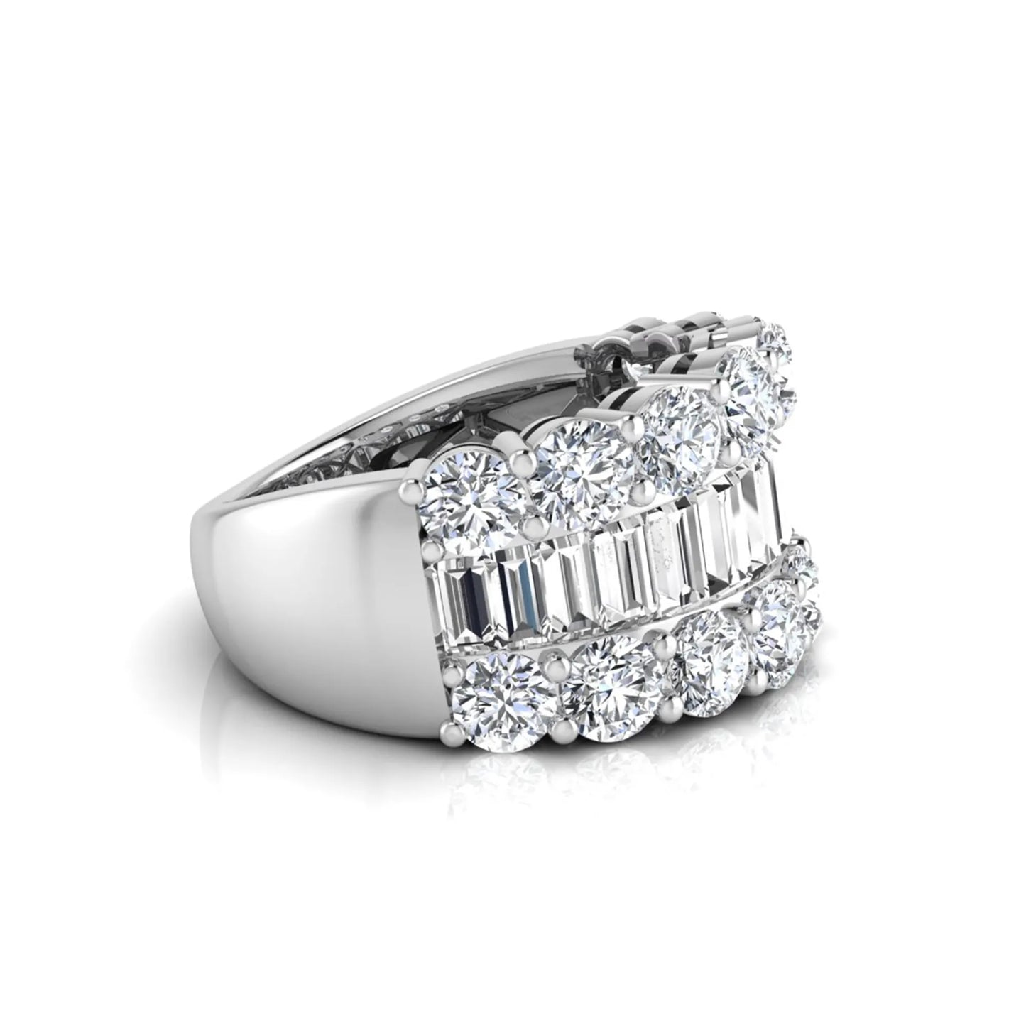 Wide band lab grown diamond ring featuring baguette cut diamonds framed by round brilliant diamonds in white gold.