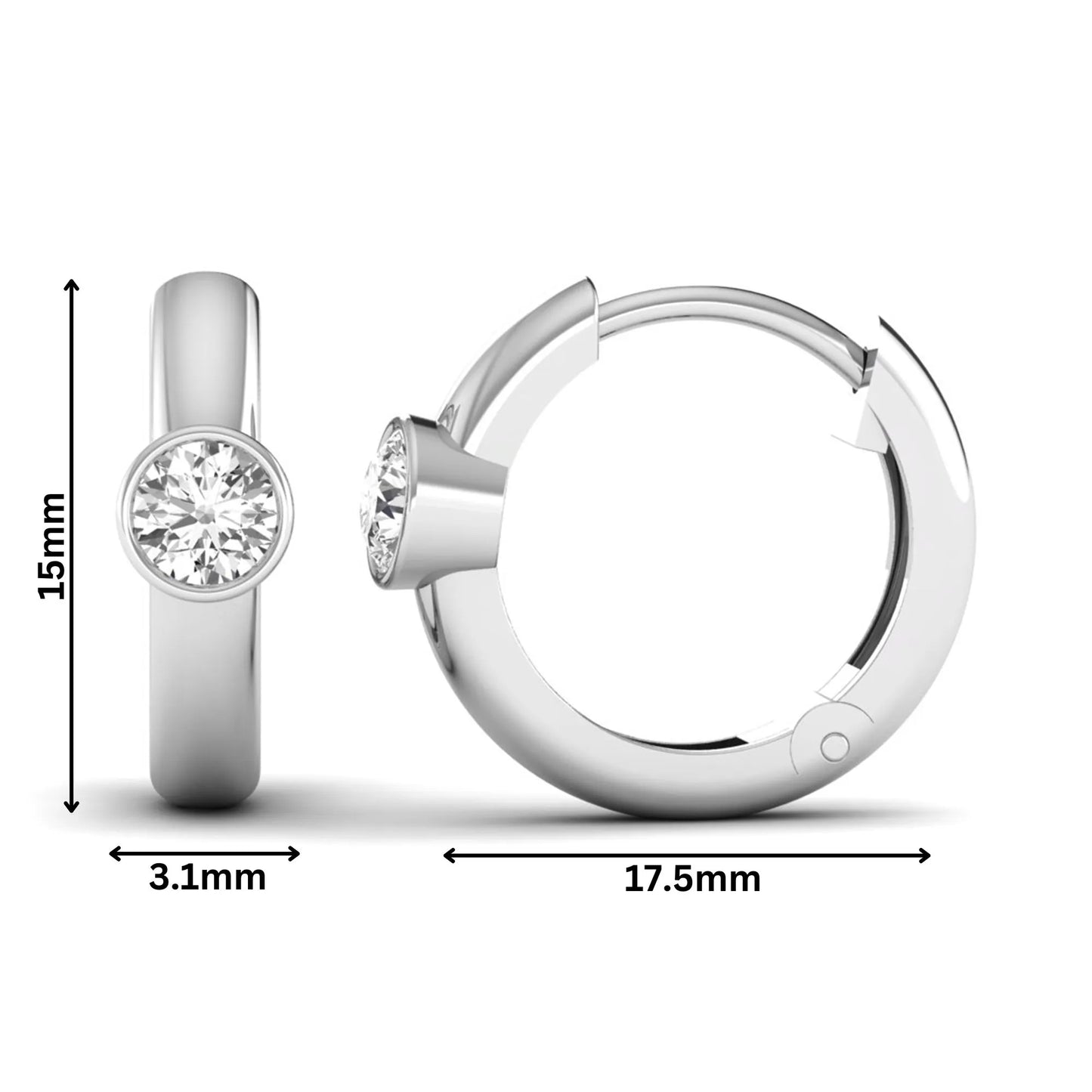 Bezel set round cut lab grown diamond huggie hoop earrings featuring a hinged snap closure and polished white gold design.