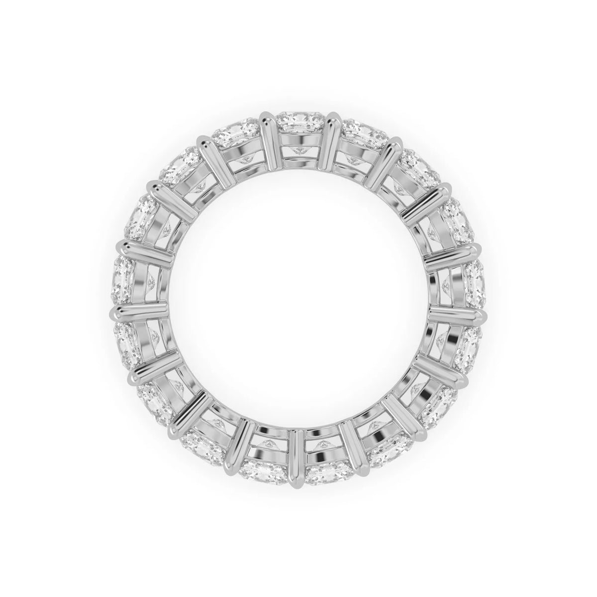 Cushion cut lab grown diamond eternity band ring featuring shared prong set diamonds with a white gold tone design.