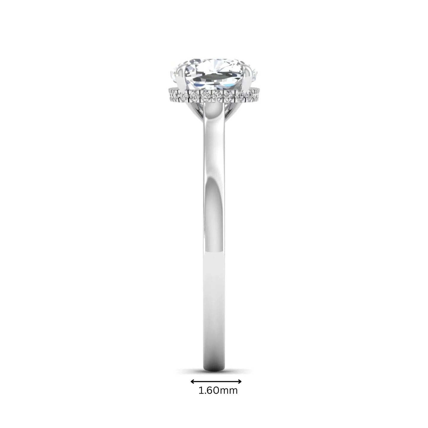 IGI certified cushion cut lab grown diamond hidden halo solitaire engagement ring in white gold.