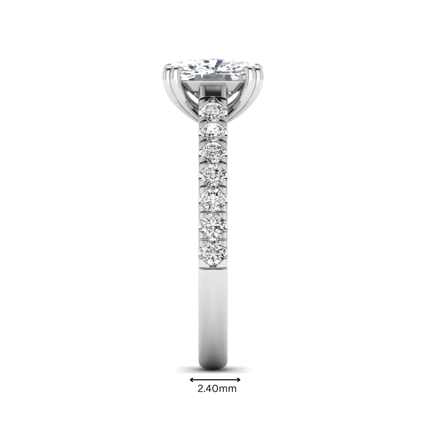 IGI certified cushion cut lab grown diamond solitaire accent engagement ring with pavé round diamond band in white gold.