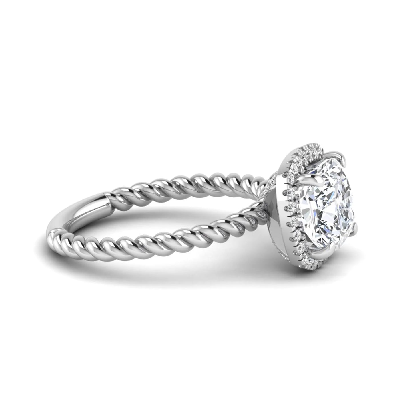 Cushion cut lab grown diamond halo engagement ring featuring a twisted rope band, four-prong setting, and round accent diamonds in a white gold tone design.