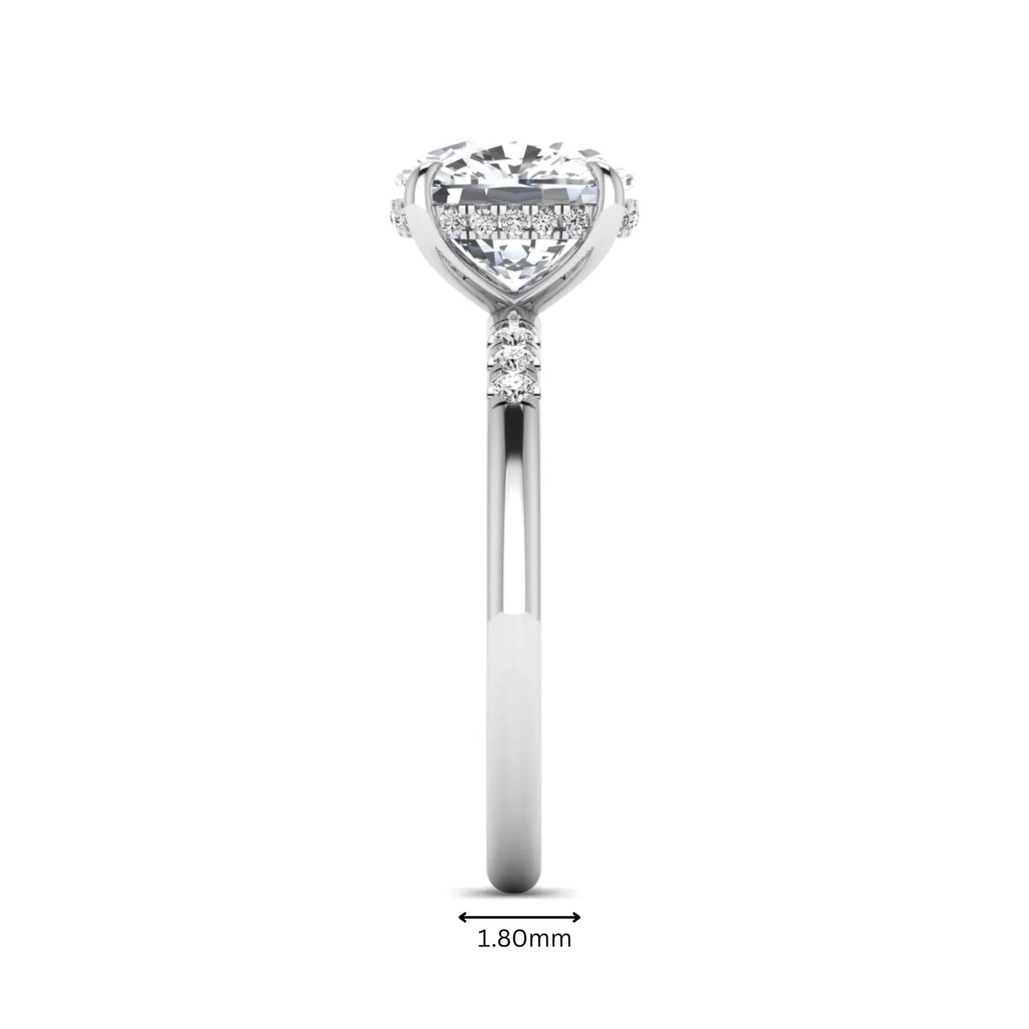 Cushion hidden halo lab grown diamond engagement ring featuring a 2.35 carat cushion cut center diamond with round accent diamonds on a white gold band.