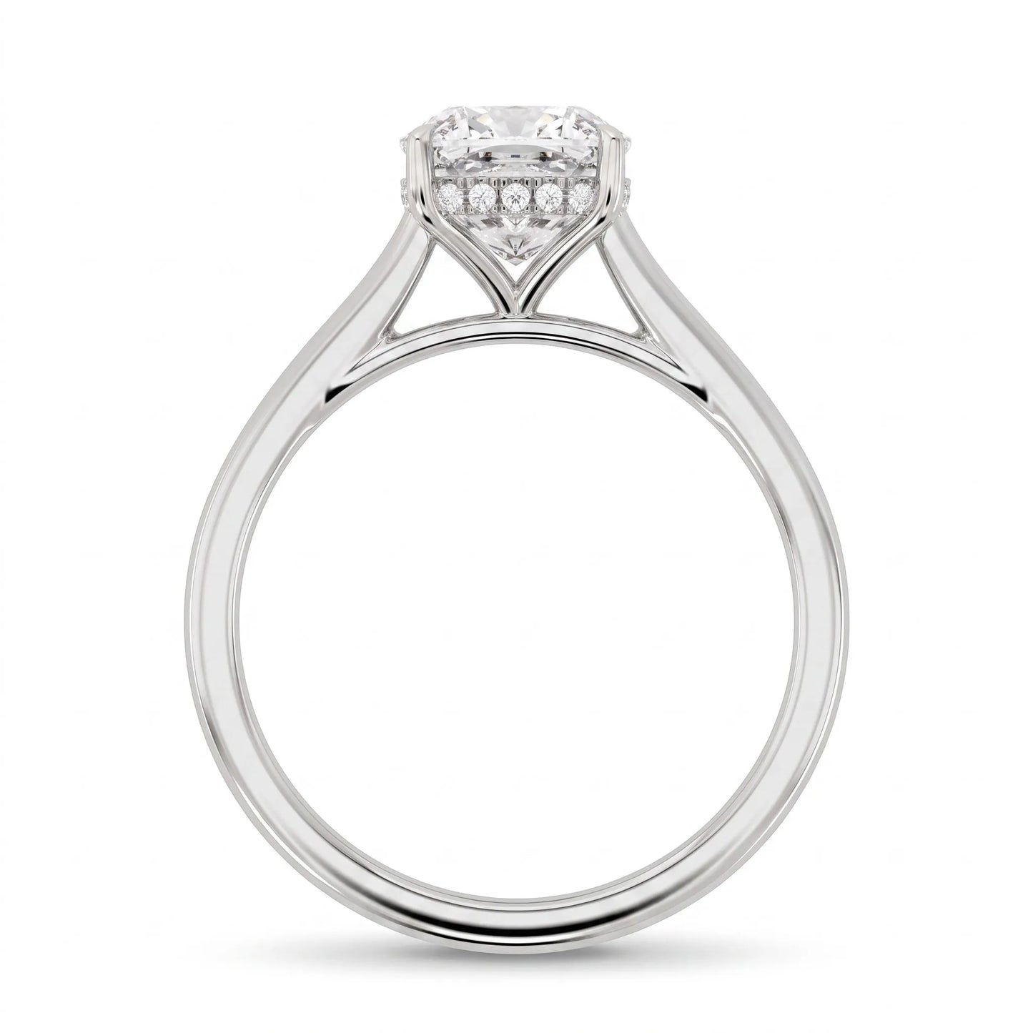 IGI Certified 1.67 carat Cushion cut lab grown diamond hidden halo solitaire engagement ring with cathedral setting in white gold.