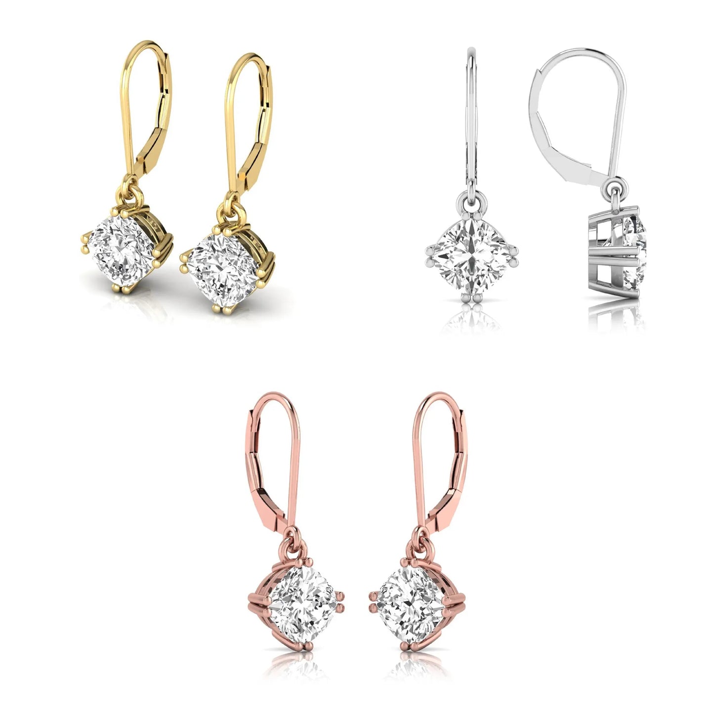 Set of diamond earrings in gold, silver, and rose on a white background