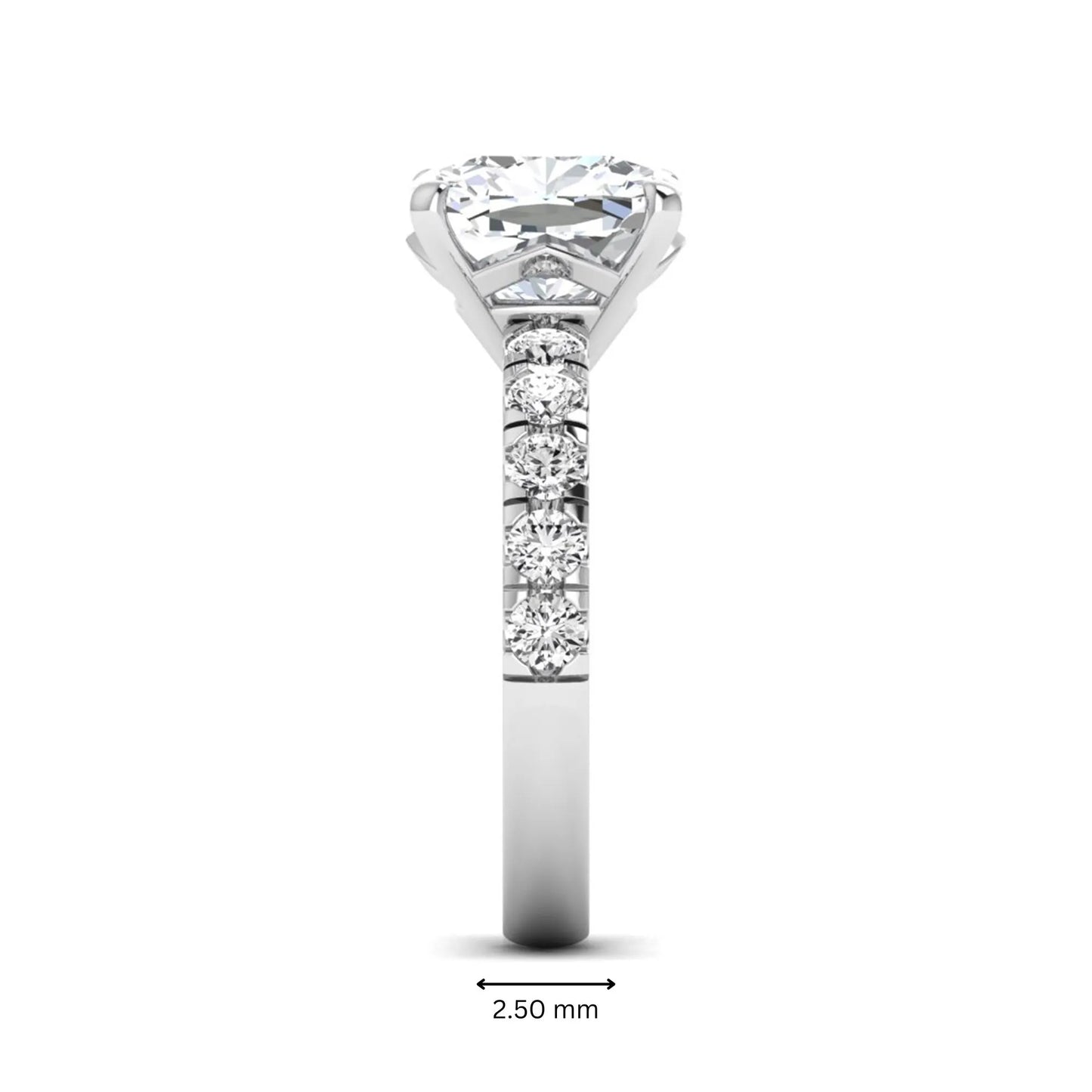Cushion cut lab grown diamond solitaire engagement ring featuring a four-prong setting with a shared prong round diamond band in a white gold tone design.
