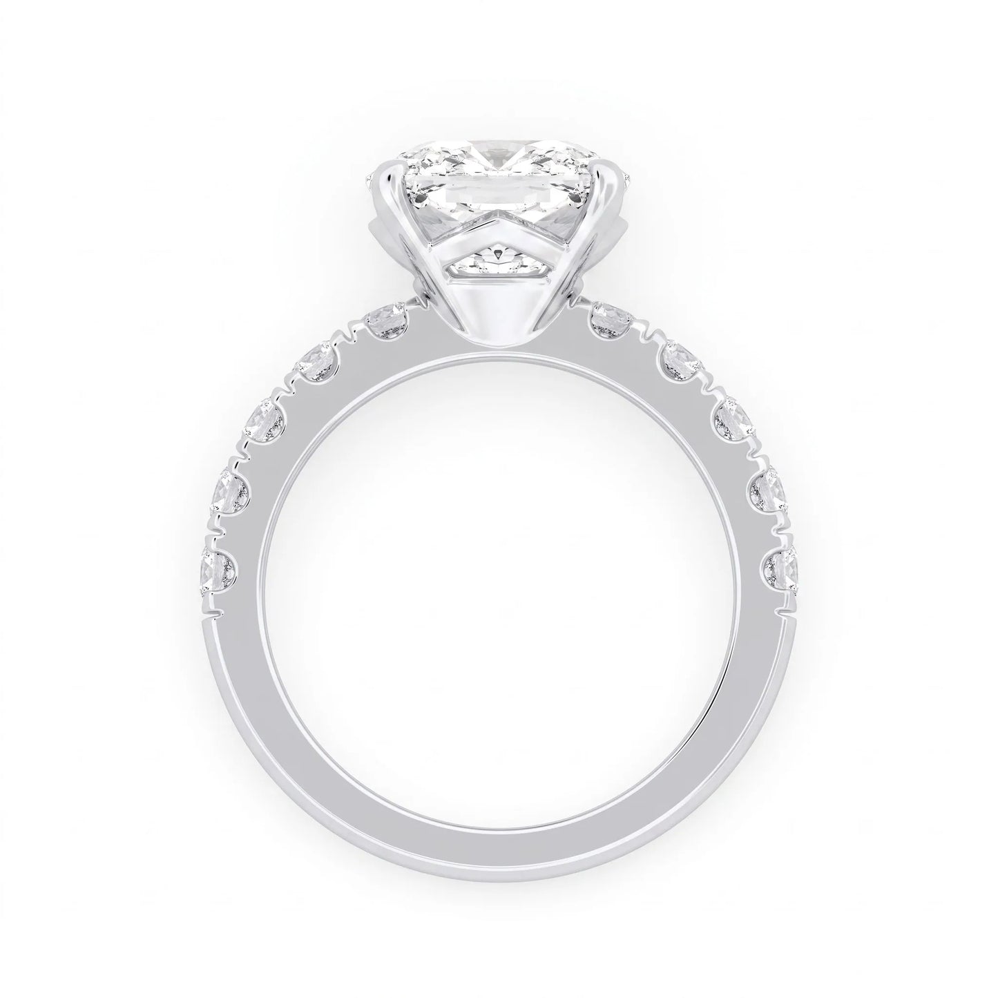 Cushion cut lab grown diamond solitaire engagement ring featuring a four-prong setting with a shared prong round diamond band in a white gold tone design.
