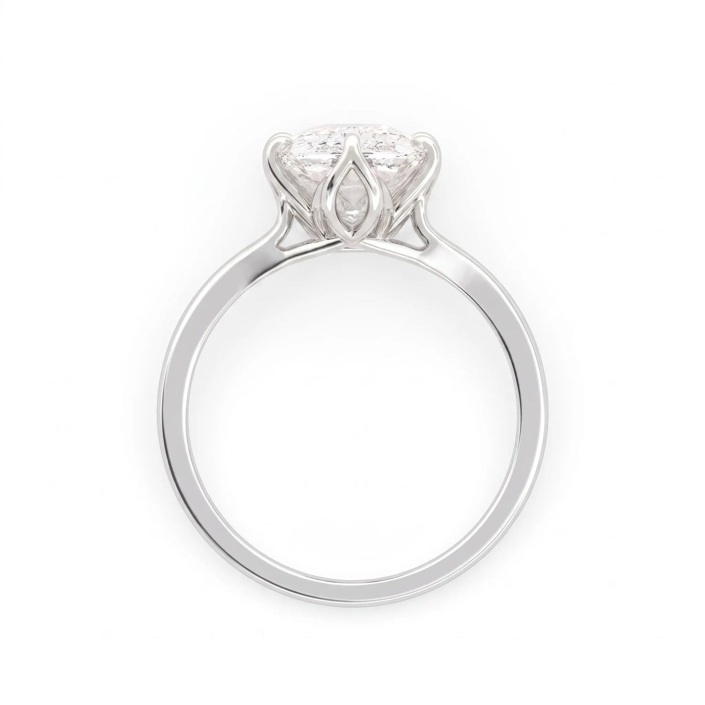 Elongated cushion cut lab grown diamond solitaire engagement ring featuring a four-prong setting with a split cathedral shank in a white gold tone design.