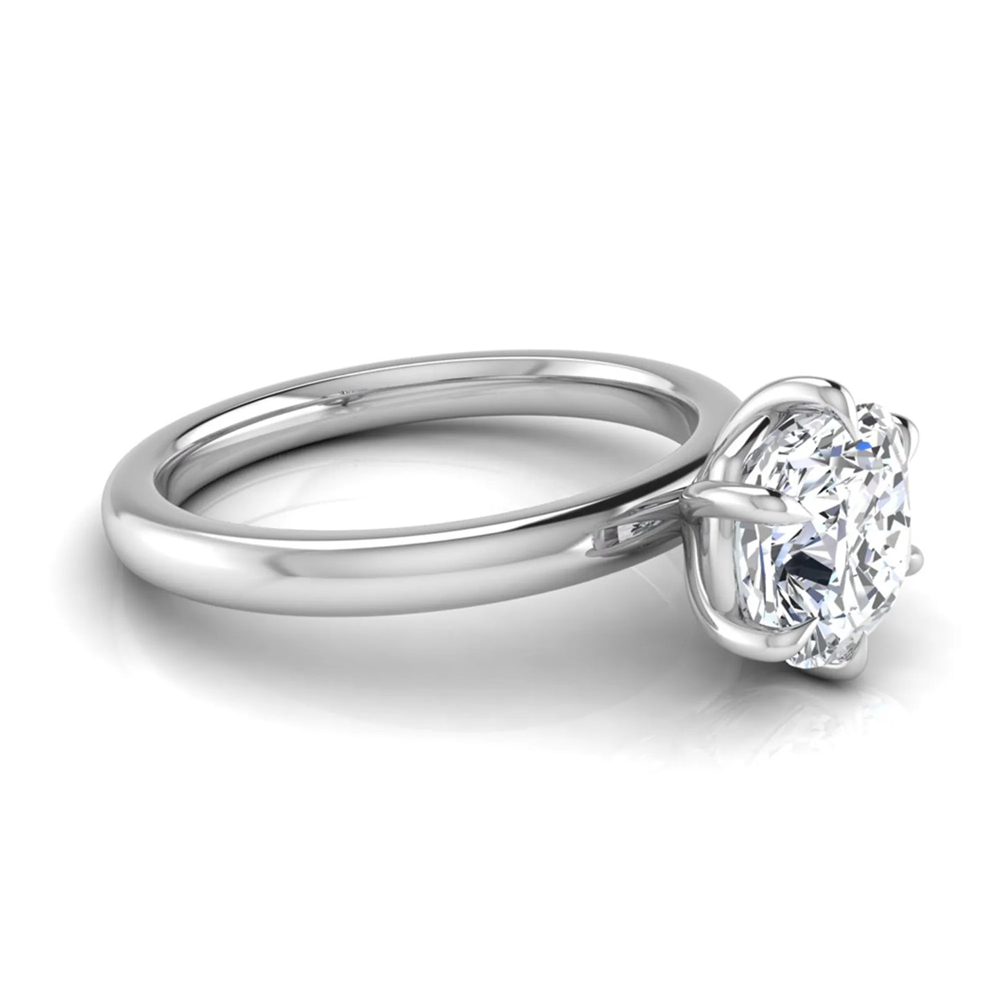 Cushion cut lab grown diamond engagement ring featuring a 1.28 carat IGI certified center diamond in a classic four-prong solitaire setting with a polished white gold band.