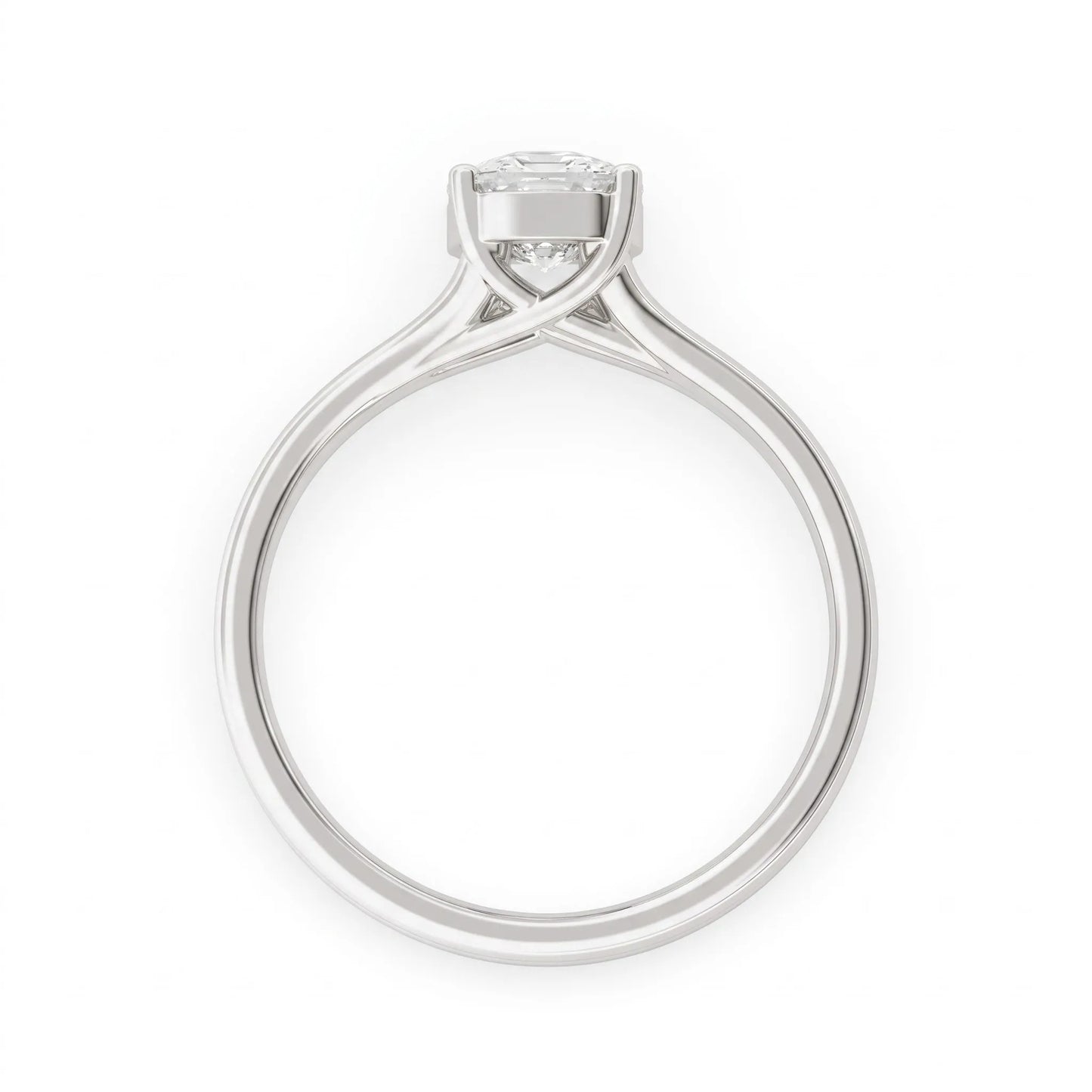 Cushion cut lab grown diamond solitaire engagement ring featuring a split shank band and four-prong setting in polished white gold.