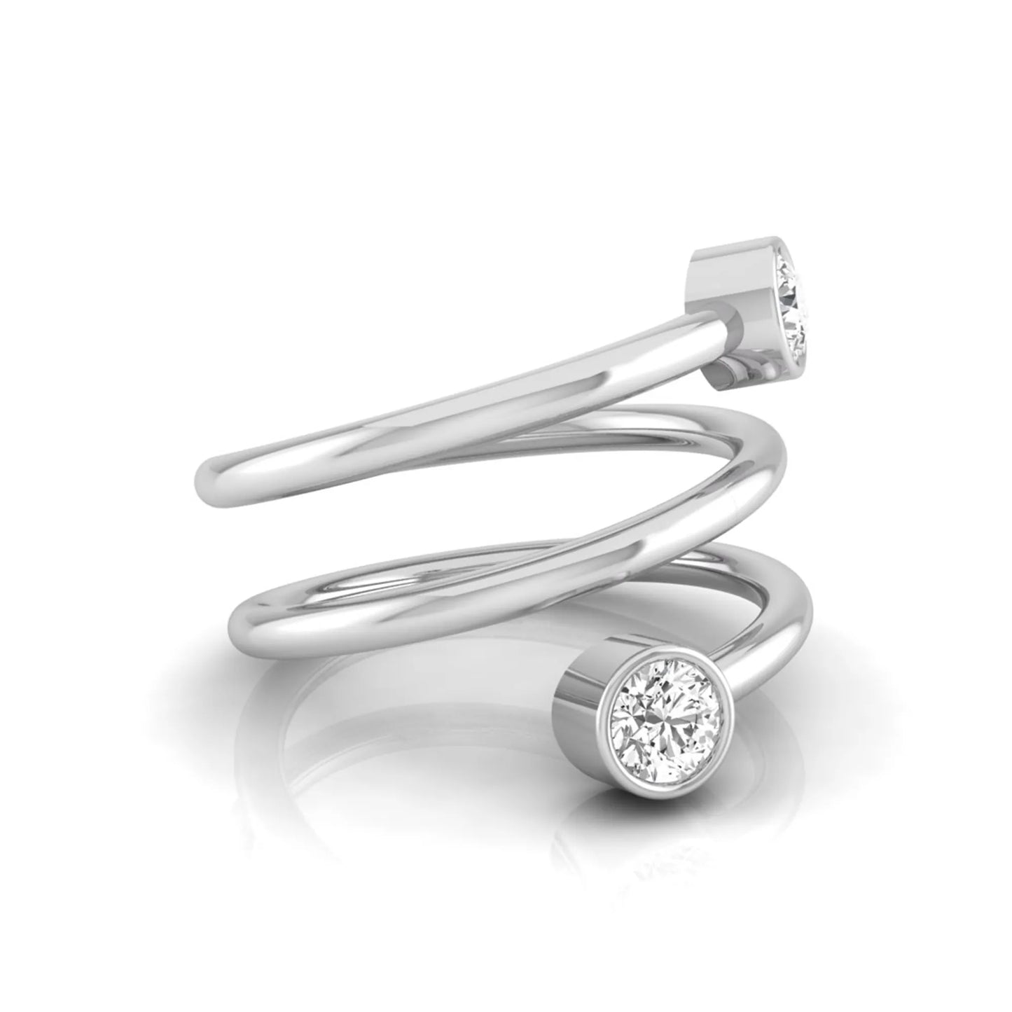 Triple wrap spiral ring featuring two bezel set round brilliant lab grown diamonds in a polished white gold design