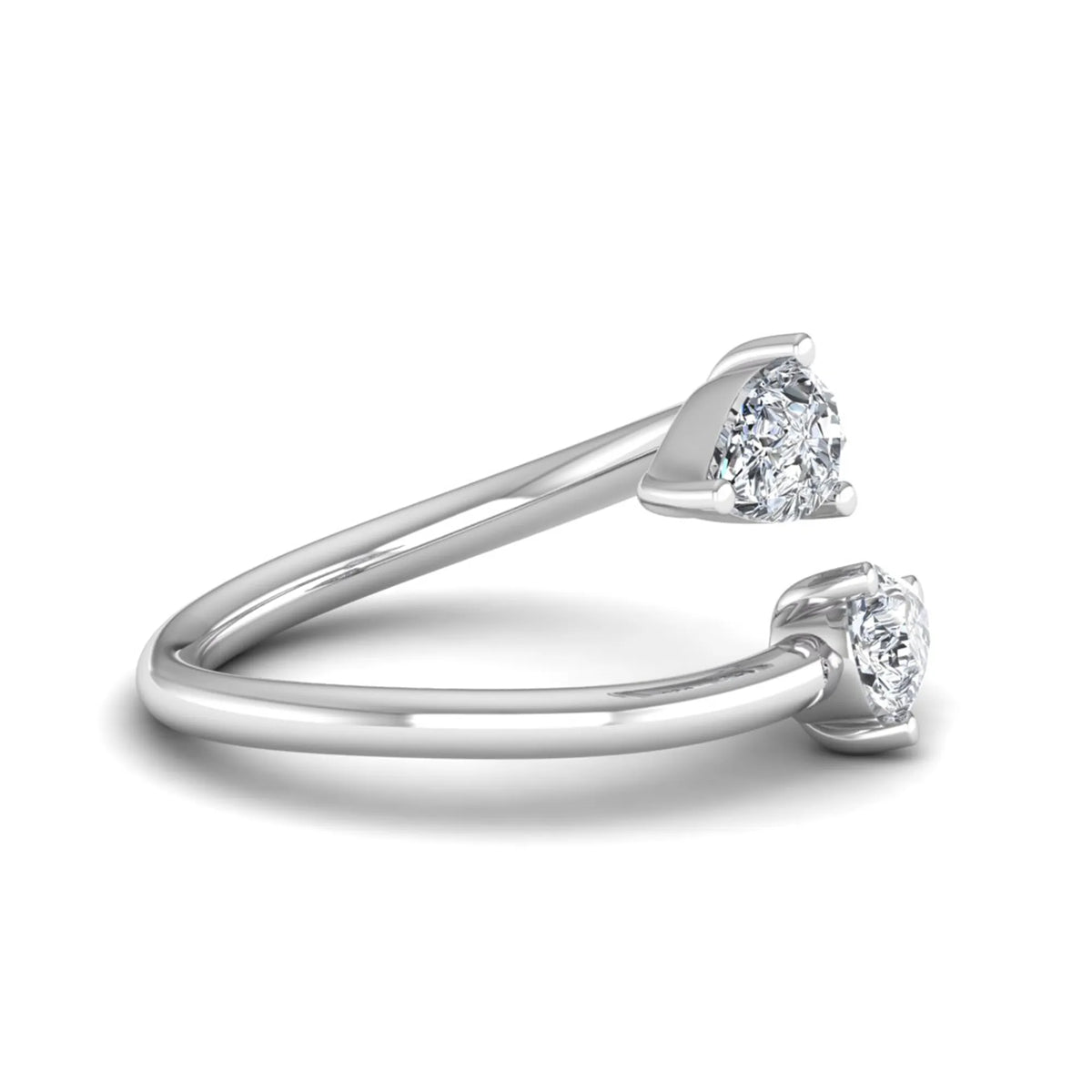 Double pear cut lab grown diamond open wrap ring with mirrored three-prong set diamonds in polished white gold.