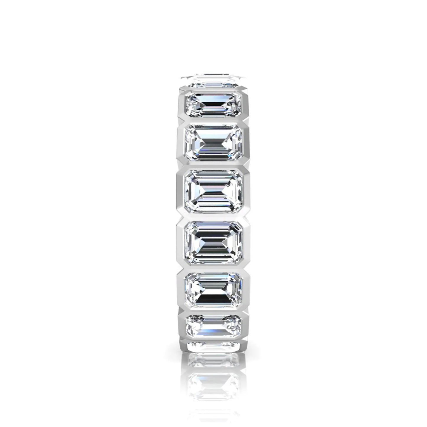 Emerald cut lab grown diamond full eternity band featuring bezel-set diamonds with a white gold tone finish.