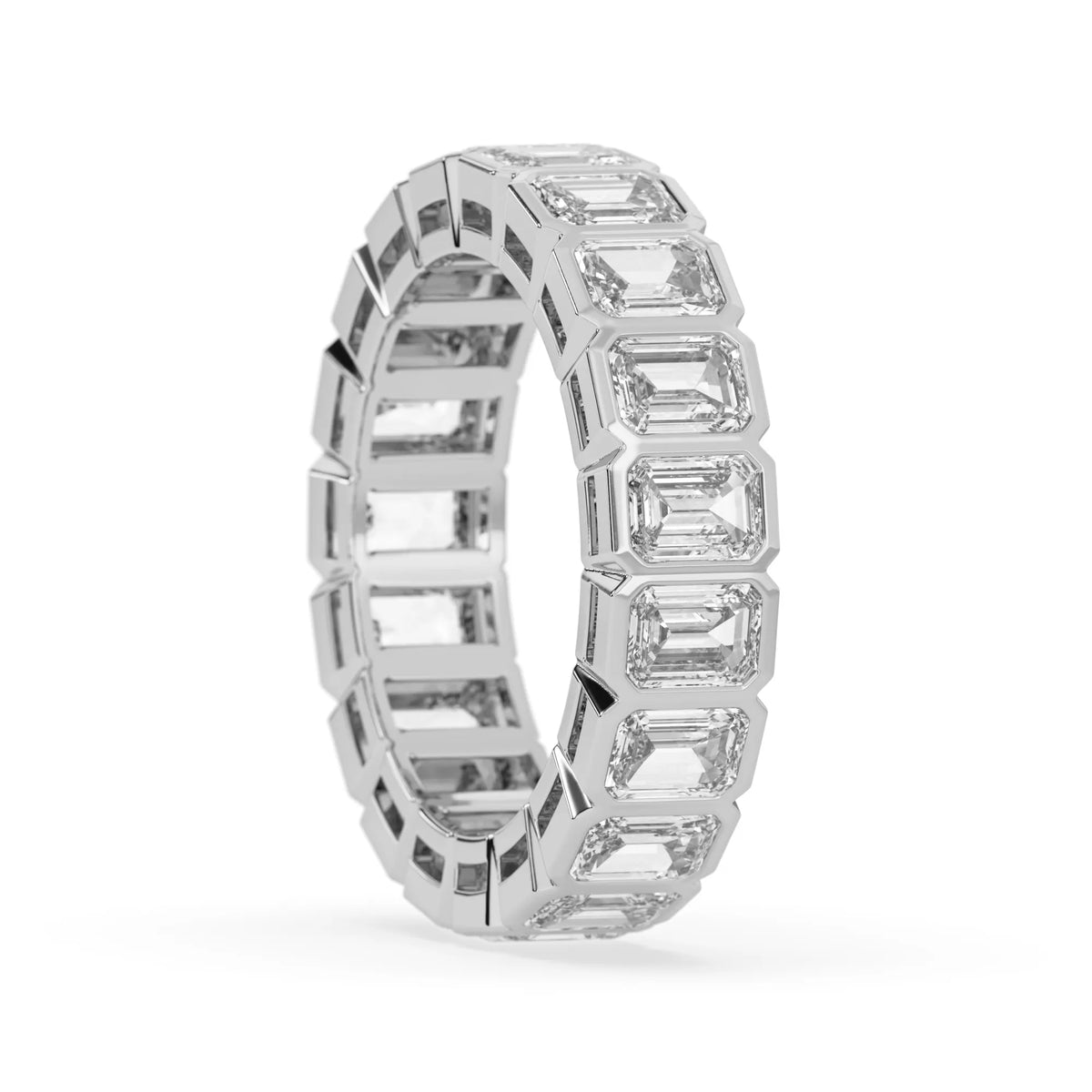 Emerald cut lab grown diamond full eternity band featuring bezel-set diamonds with a white gold tone finish.