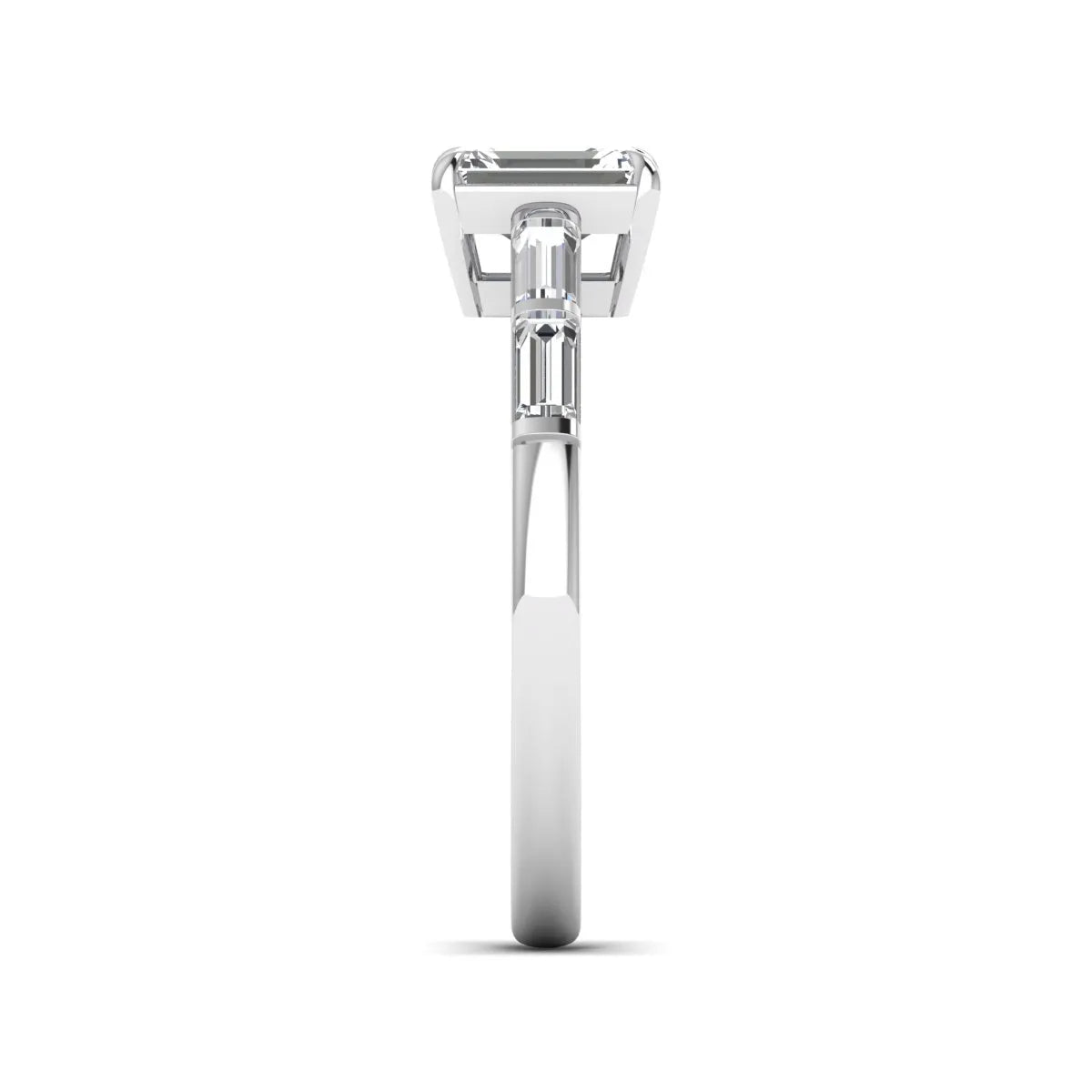 Emerald cut lab grown diamond engagement ring with baguette side diamonds in white gold