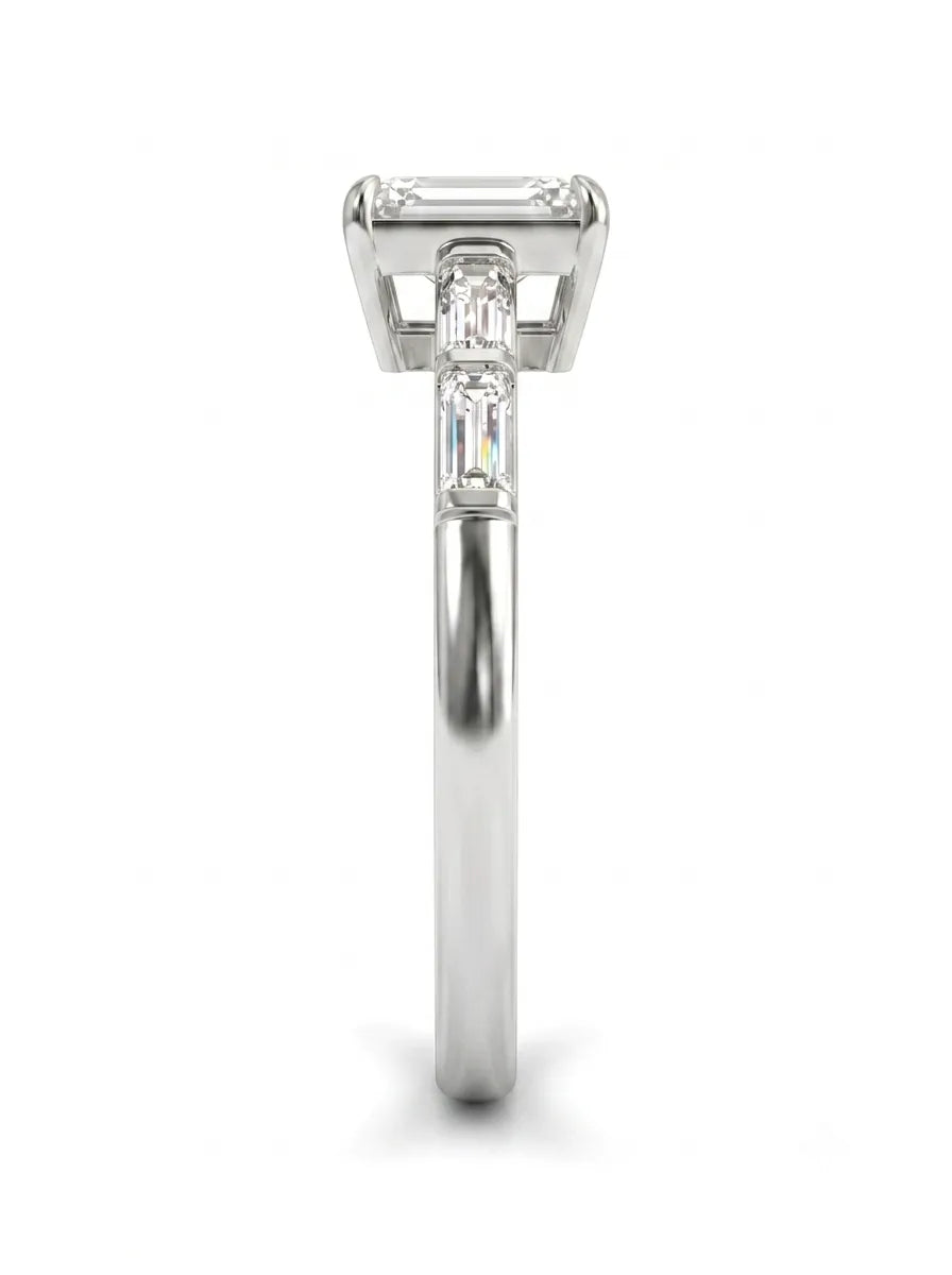 Emerald cut lab grown diamond engagement ring with baguette side diamonds in white gold