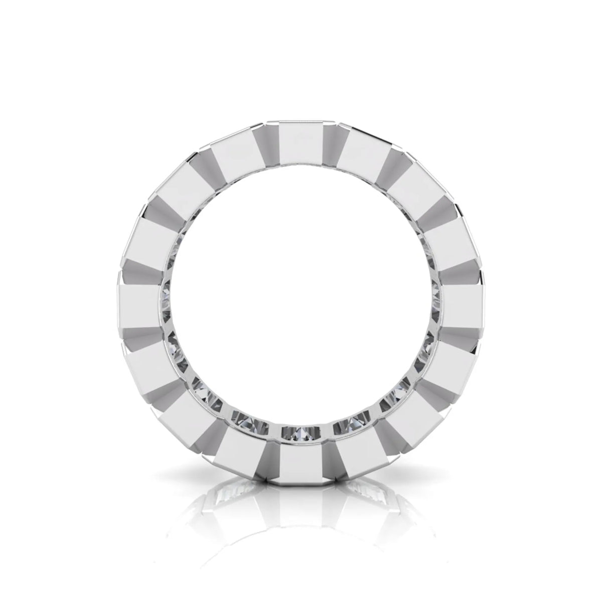 Emerald cut lab grown diamond full eternity ring featuring octagonal bezel-set diamonds in polished white gold.