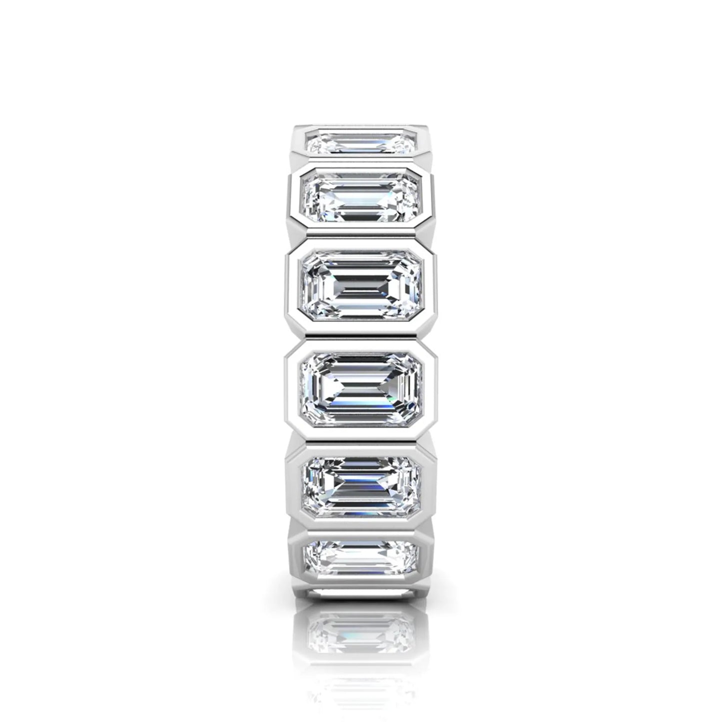 Emerald cut lab grown diamond full eternity ring featuring octagonal bezel-set diamonds in polished white gold.