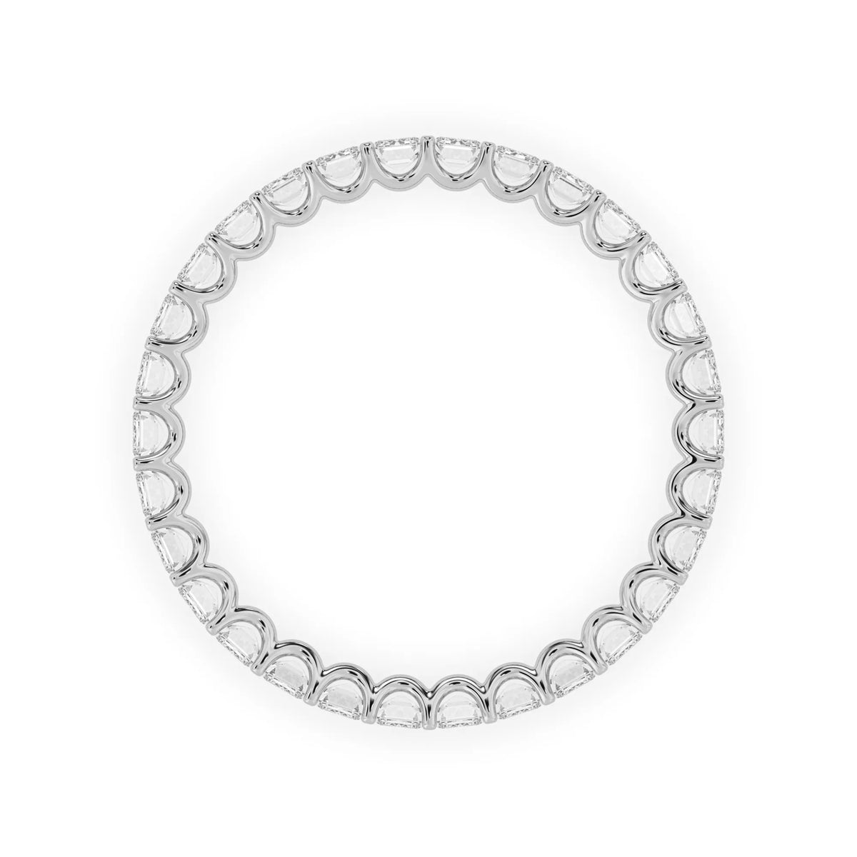 Emerald cut lab grown diamond eternity band featuring a continuous row of shared prong set diamonds in a timeless luxury design in white gold
