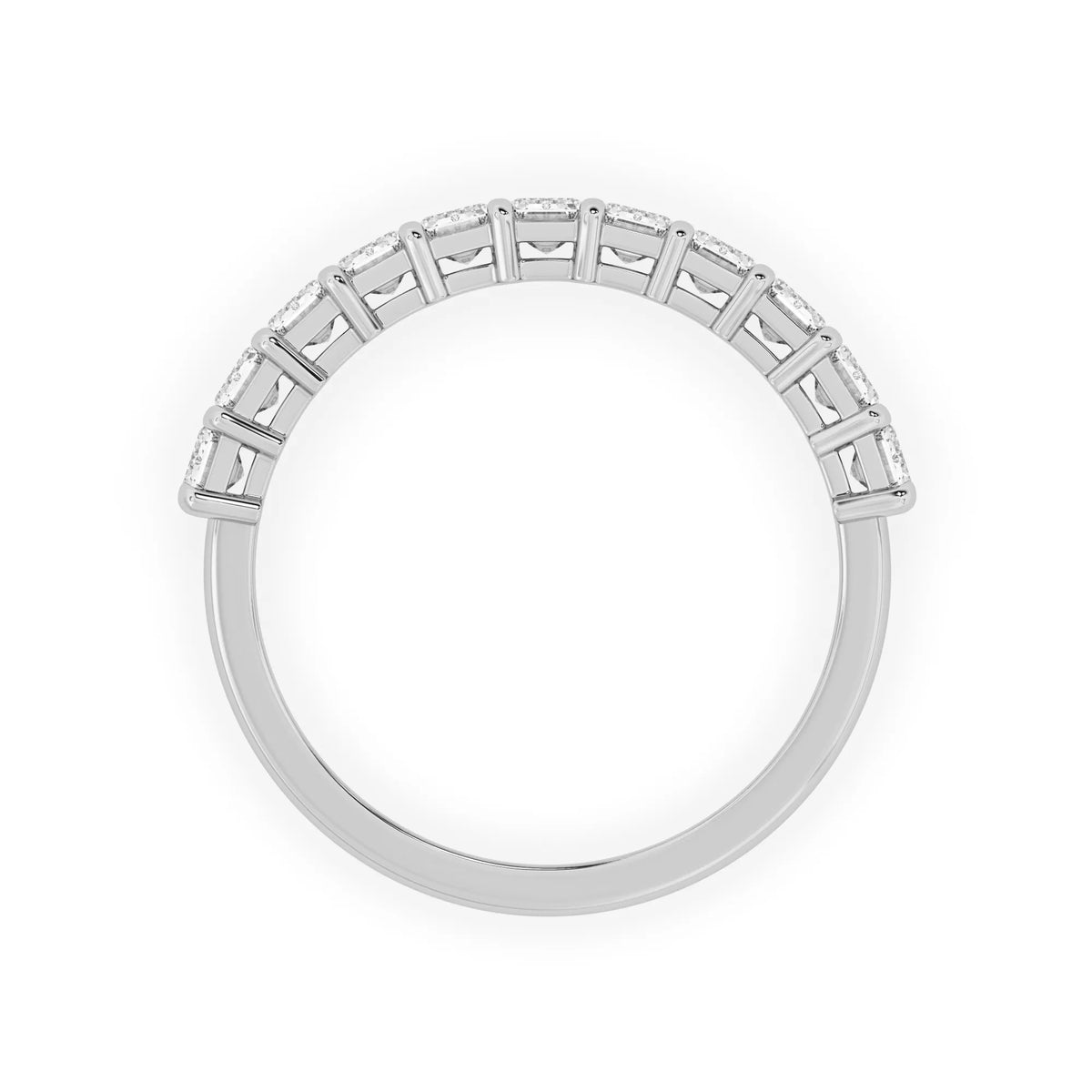 Emerald cut lab grown diamond half eternity band featuring shared prong set diamonds in a white gold tone finish.