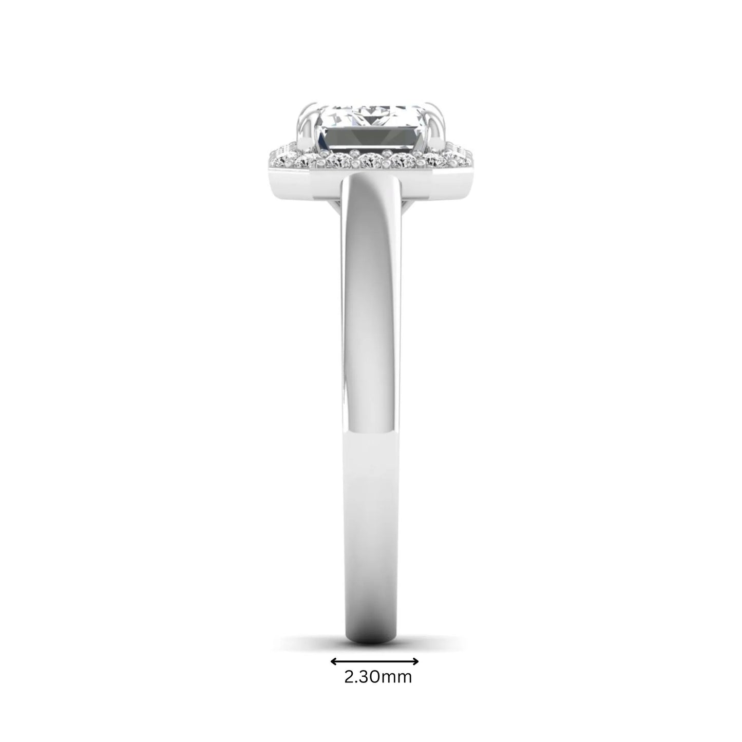 IGI certified emerald cut lab grown diamond halo engagement ring with round diamond halo in white gold.
