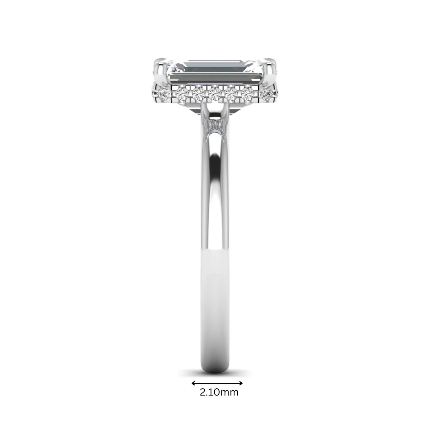 Emerald cut lab grown diamond hidden halo solitaire engagement ring in white gold featuring a 3.01 carat IGI certified center diamond.