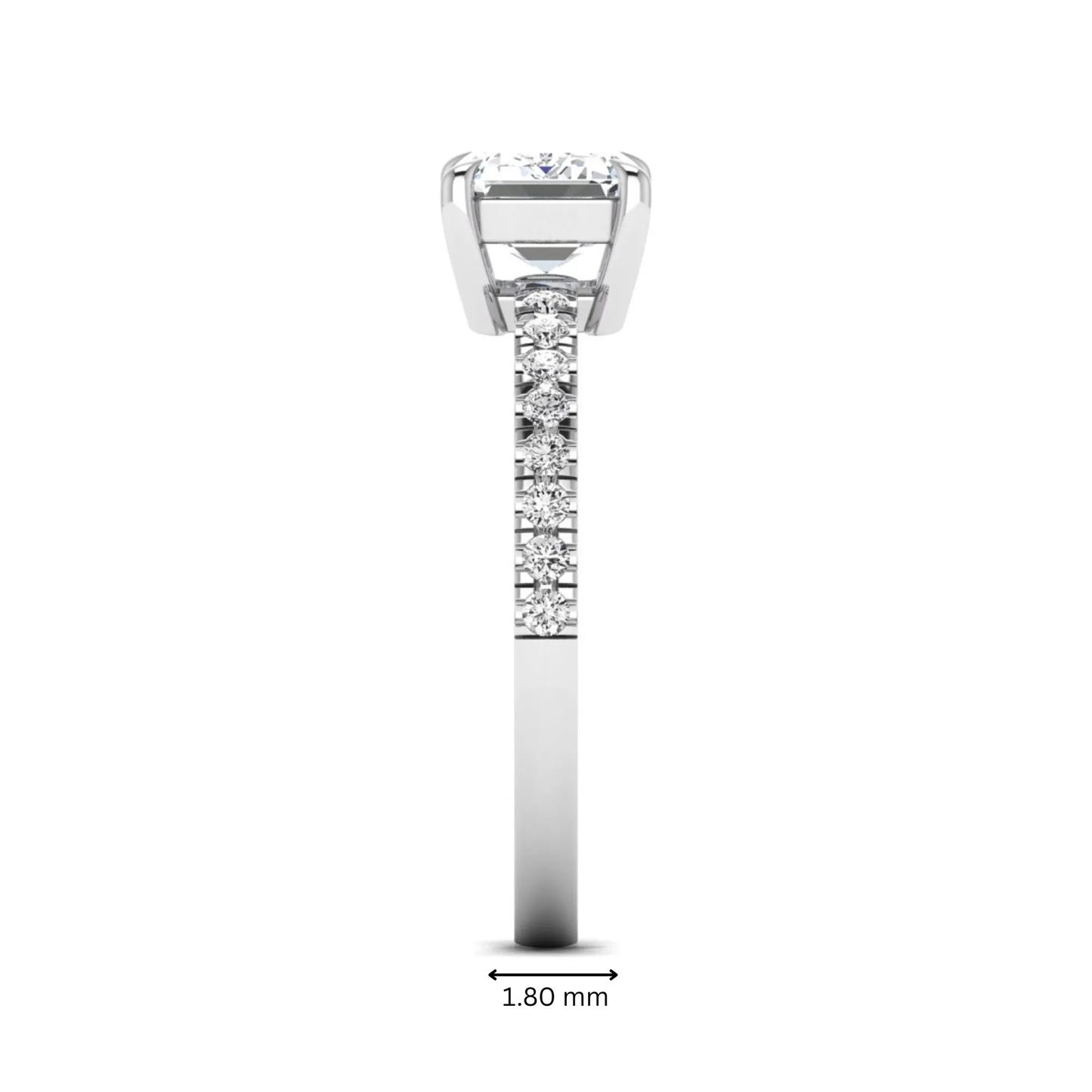 Emerald cut lab grown diamond solitaire pavé engagement ring with four-prong setting and white gold tone band.