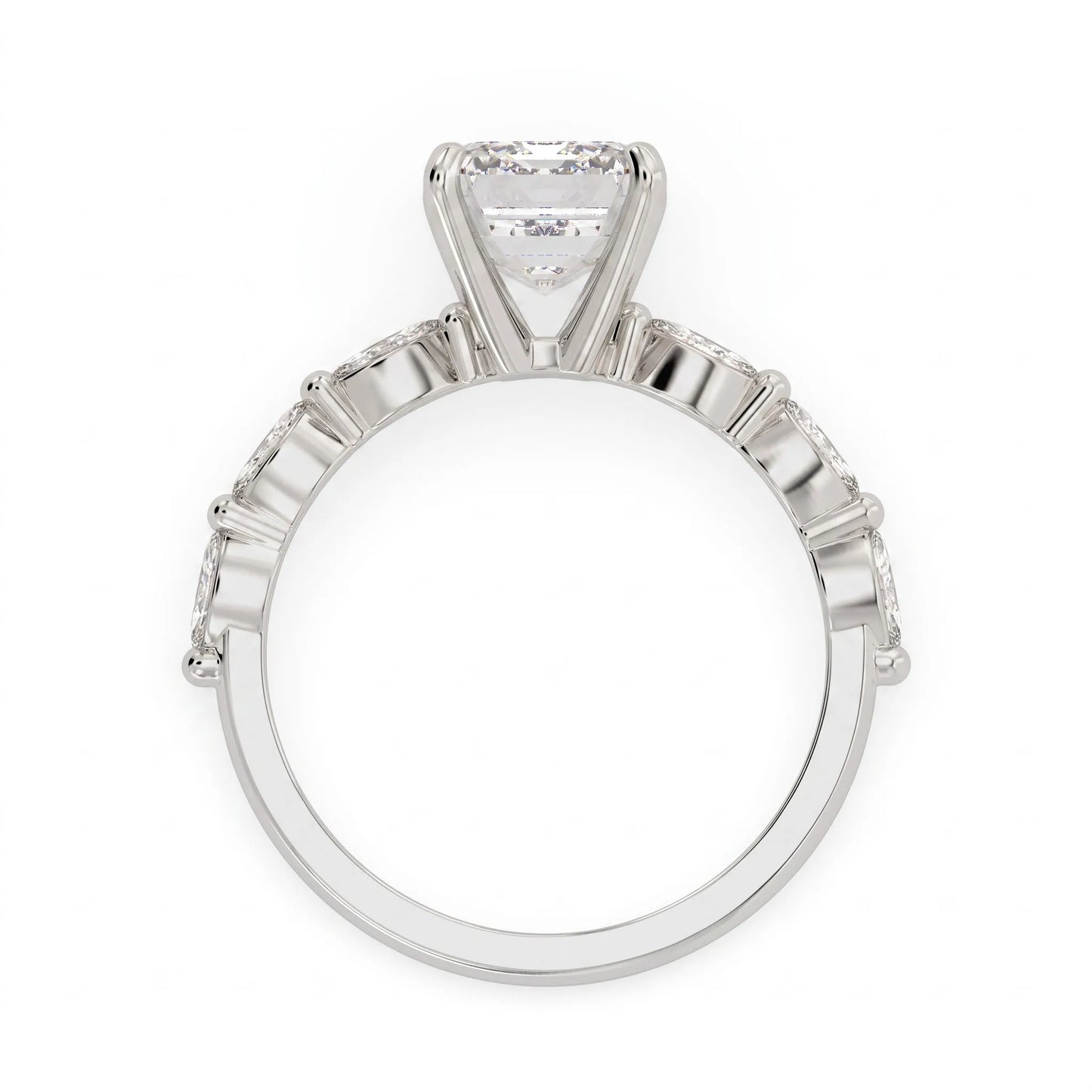 IGI Certified 2.62 carat Emerald cut lab grown diamond engagement ring with marquise cut side diamonds in white gold.