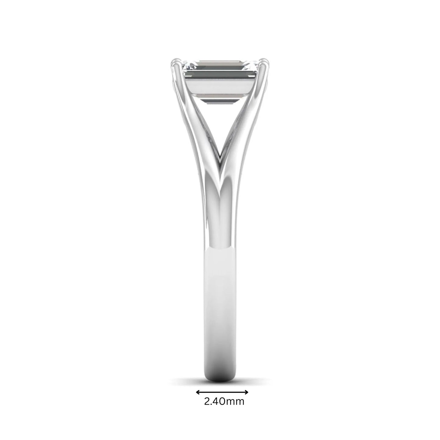 Emerald Cut Split Shank Solitaire Lab Grown Diamond Engagement Ring featuring a 1.75 carat IGI Certified emerald cut diamond in a four-prong setting with an elegant split shank band in white gold