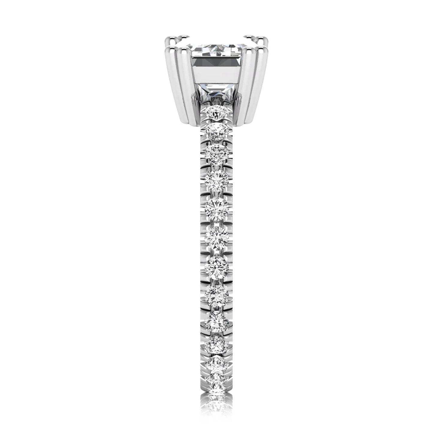 Emerald cut lab grown diamond side stone engagement ring featuring a four-prong setting with round accent diamonds in a white gold tone design.