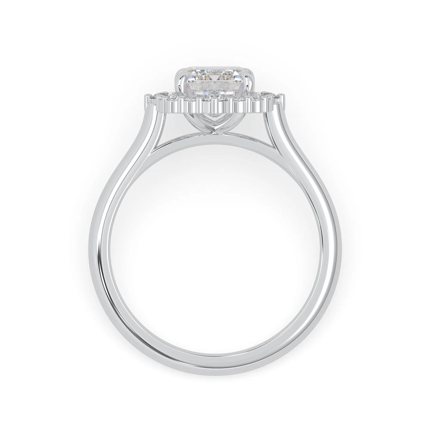 Emerald cut lab grown diamond halo engagement ring with round accent diamonds in a white gold tone four-prong setting.