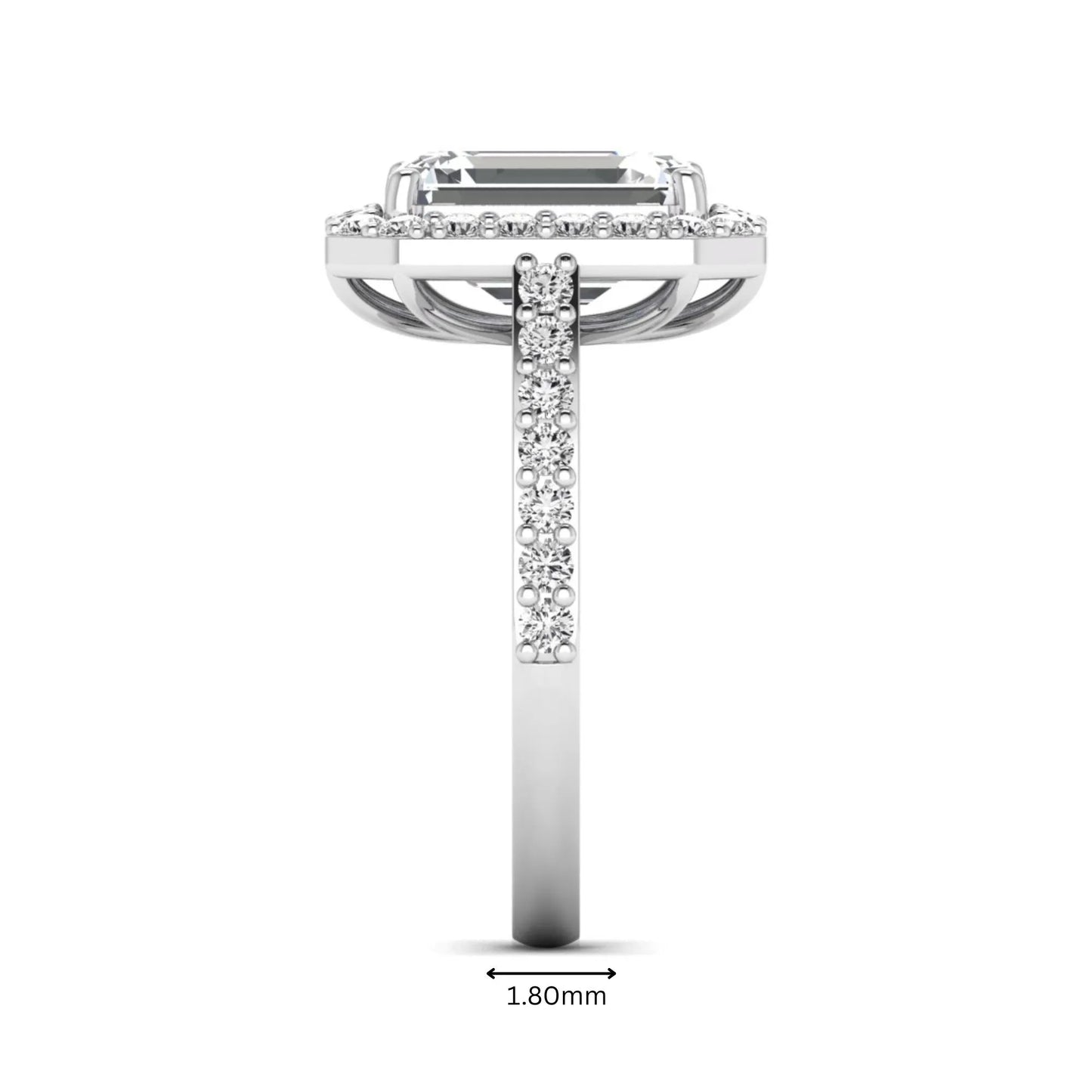 IGI Certified 2.75 carat emerald cut lab grown diamond halo engagement ring with pavé diamond band in white gold.
